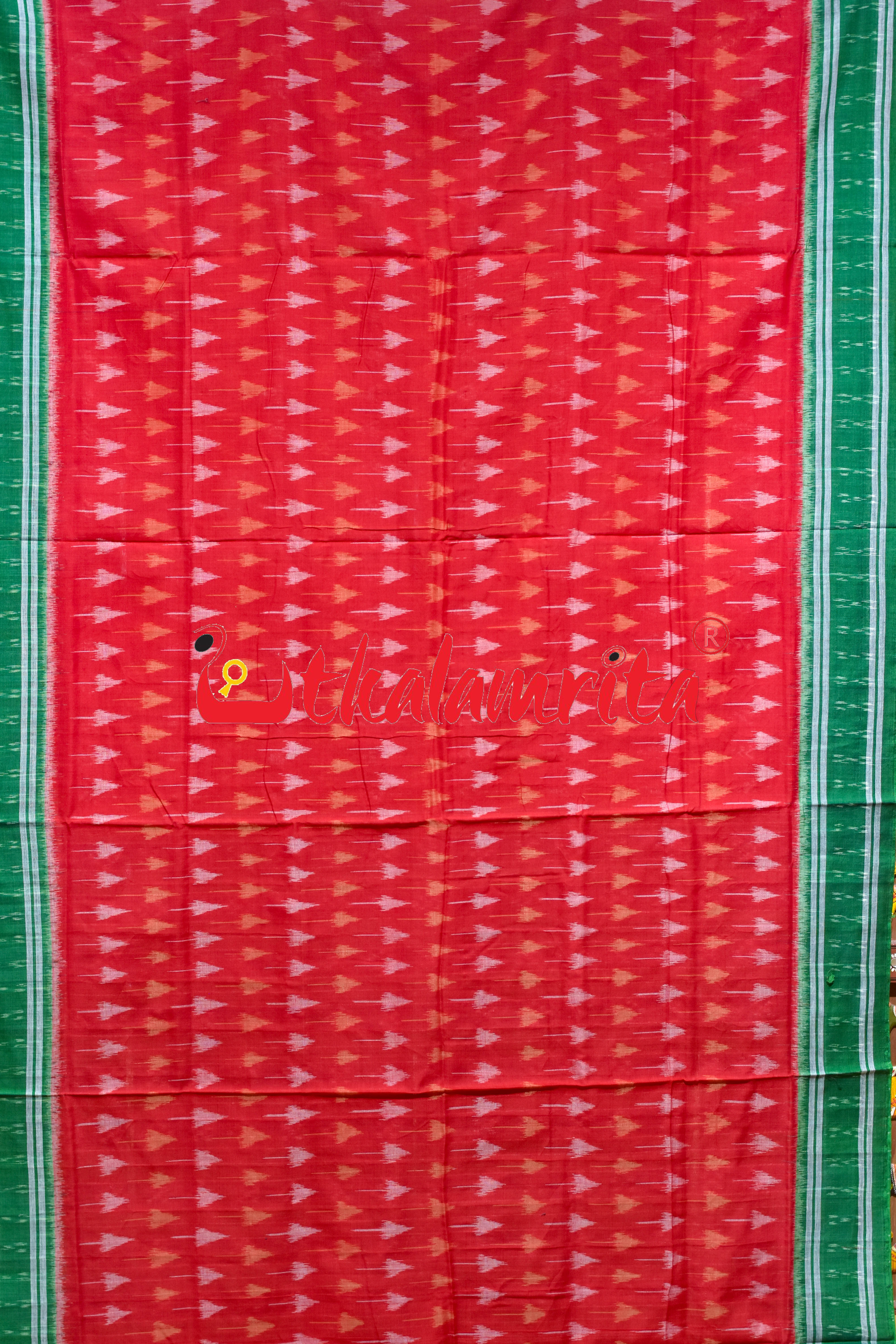 Red Chhatu with Green Border Khandua Cotton Saree