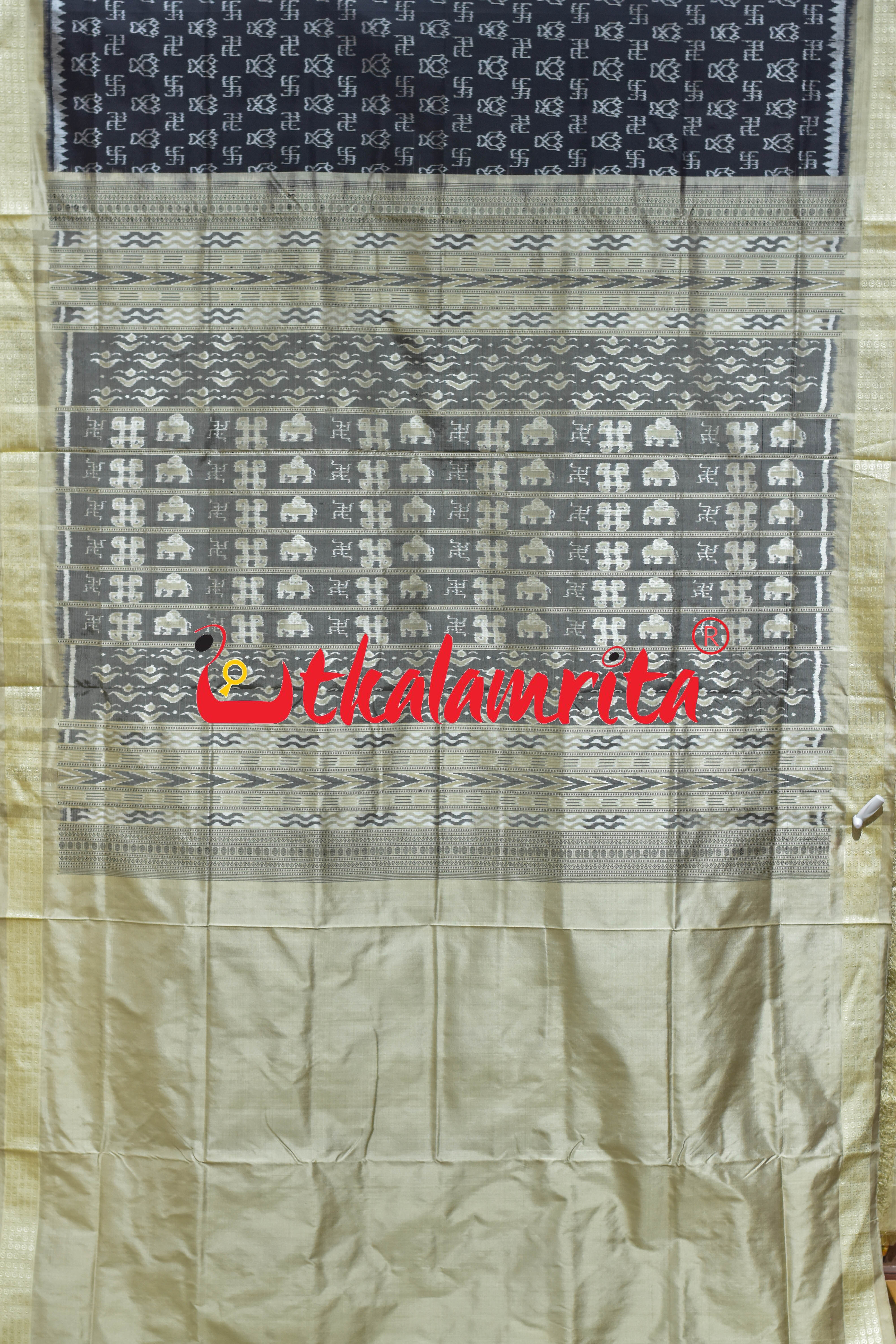 Black Cream Swastik Bandha Sambalpuri Silk Saree