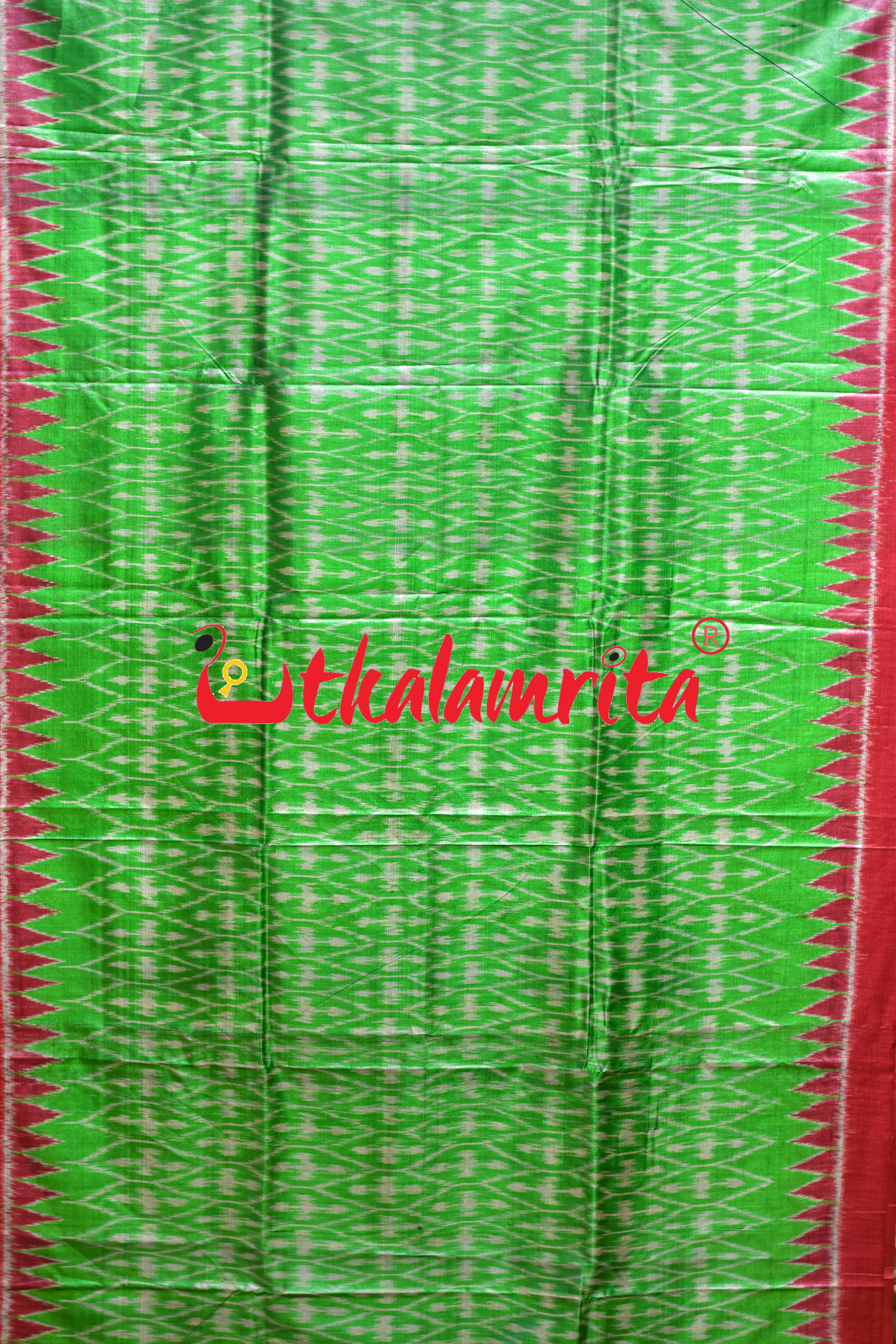 Light Green Body Ikat Red Kumbha Gopalpur Tussar Silk Saree