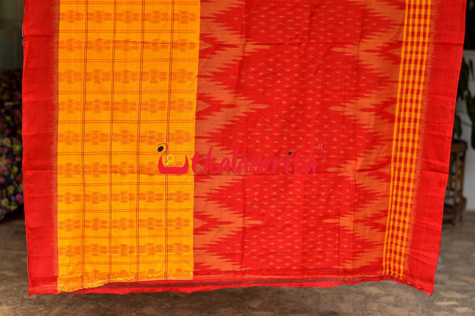 Half Half Yellow Red Checks Saree