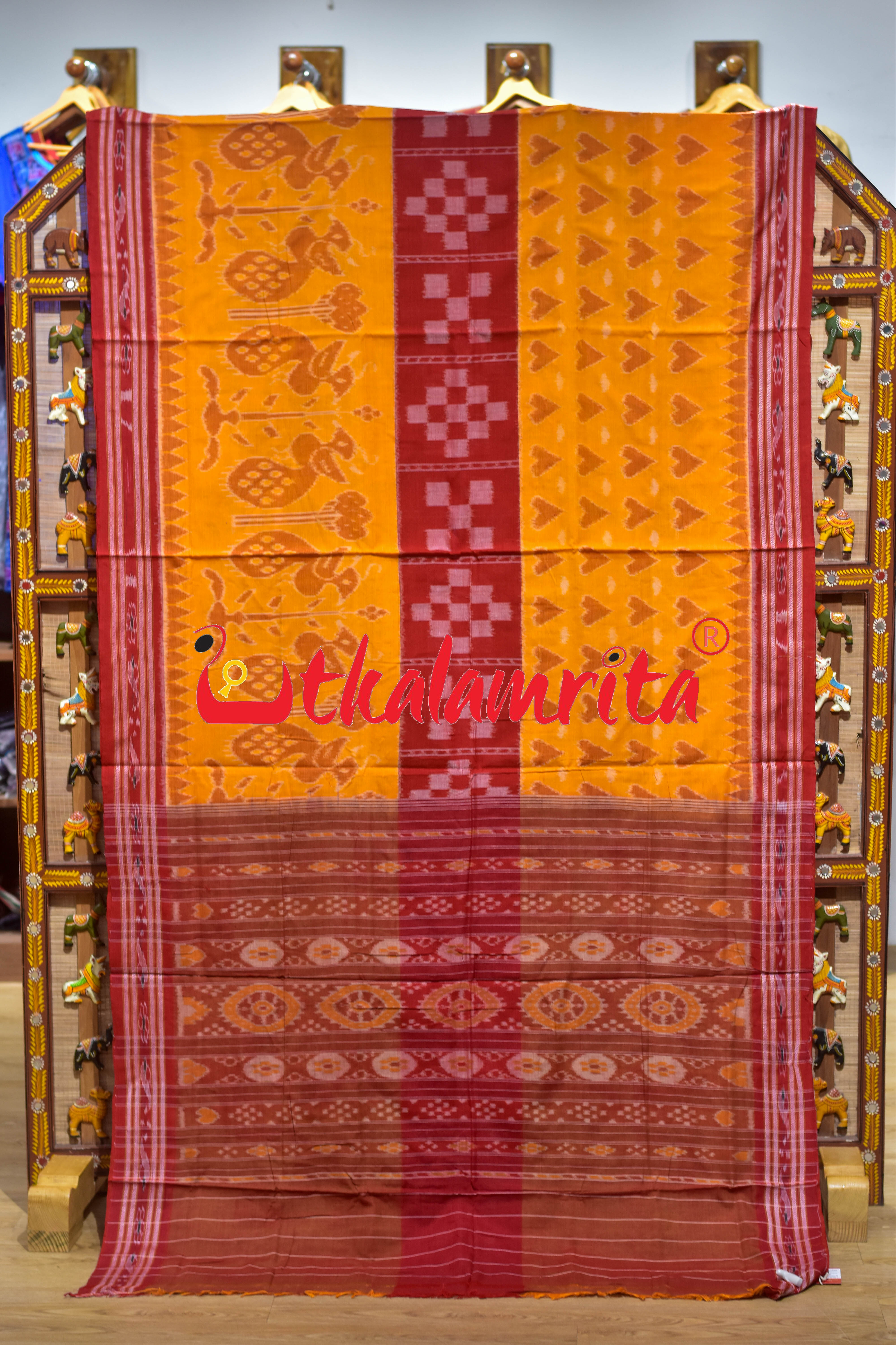 Yellow Kulfi Design Double Border Khandua Cotton Saree