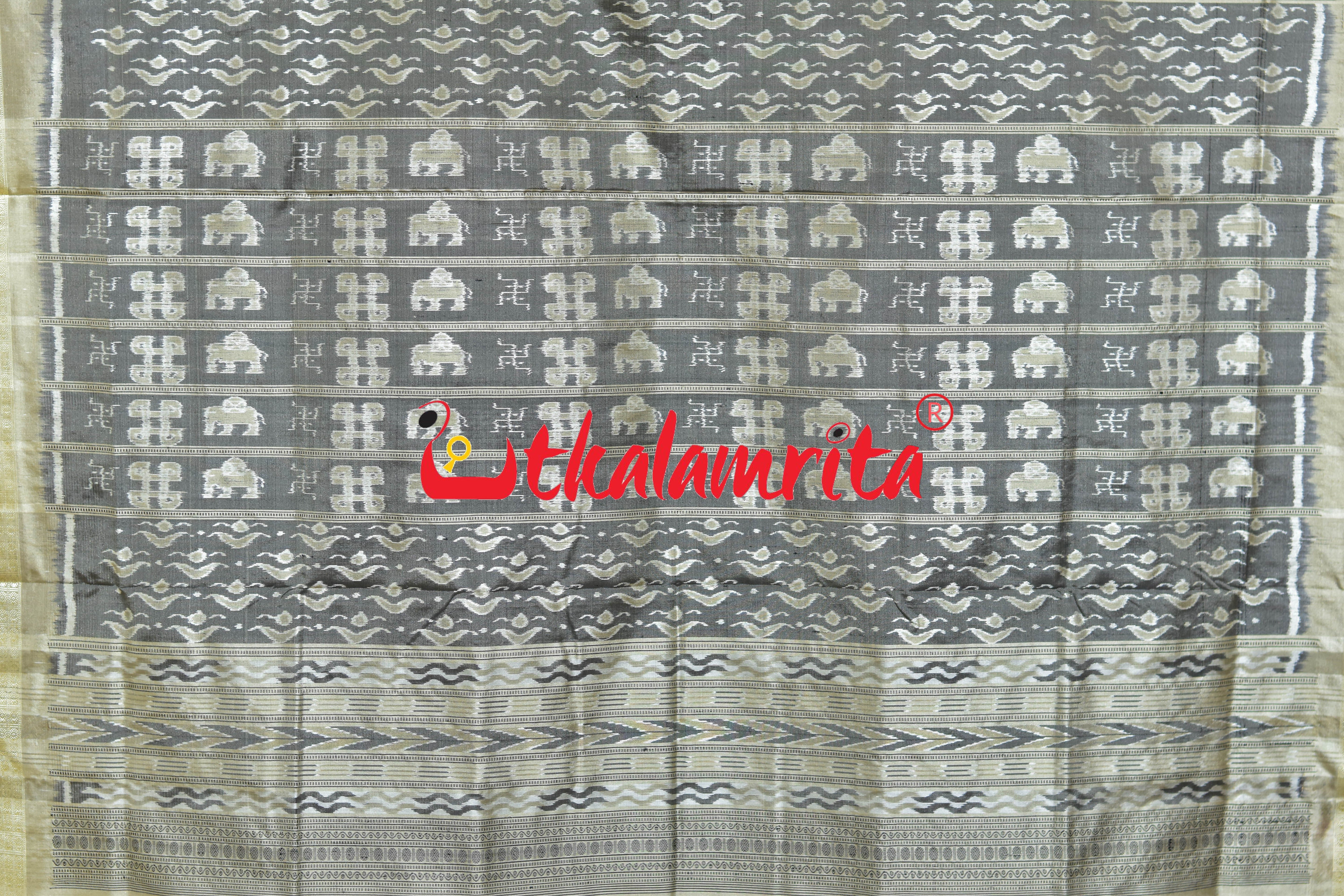 Black Cream Swastik Bandha Sambalpuri Silk Saree