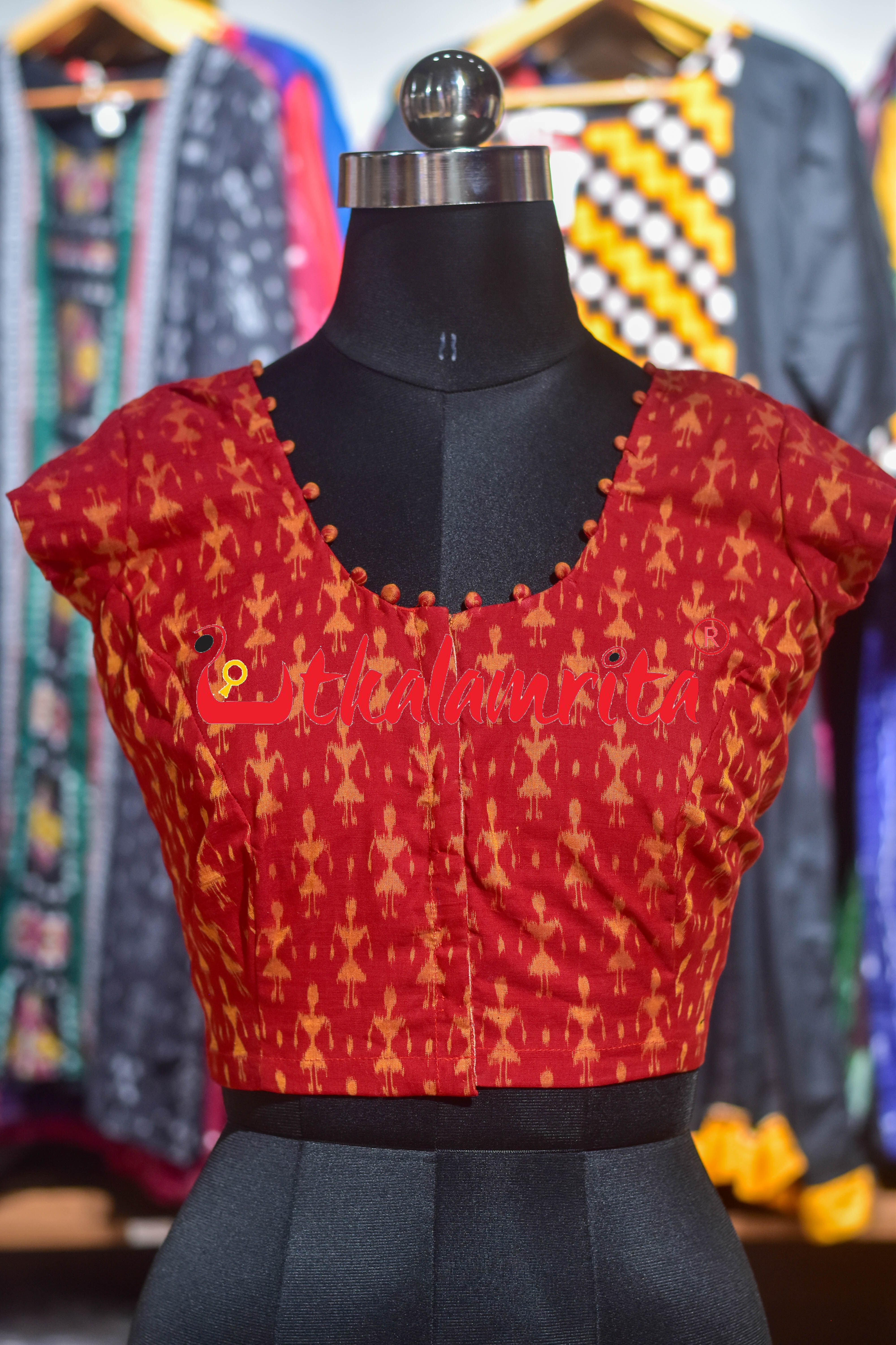 Red Golden Tribals Potli Neck Design (Blouse)
