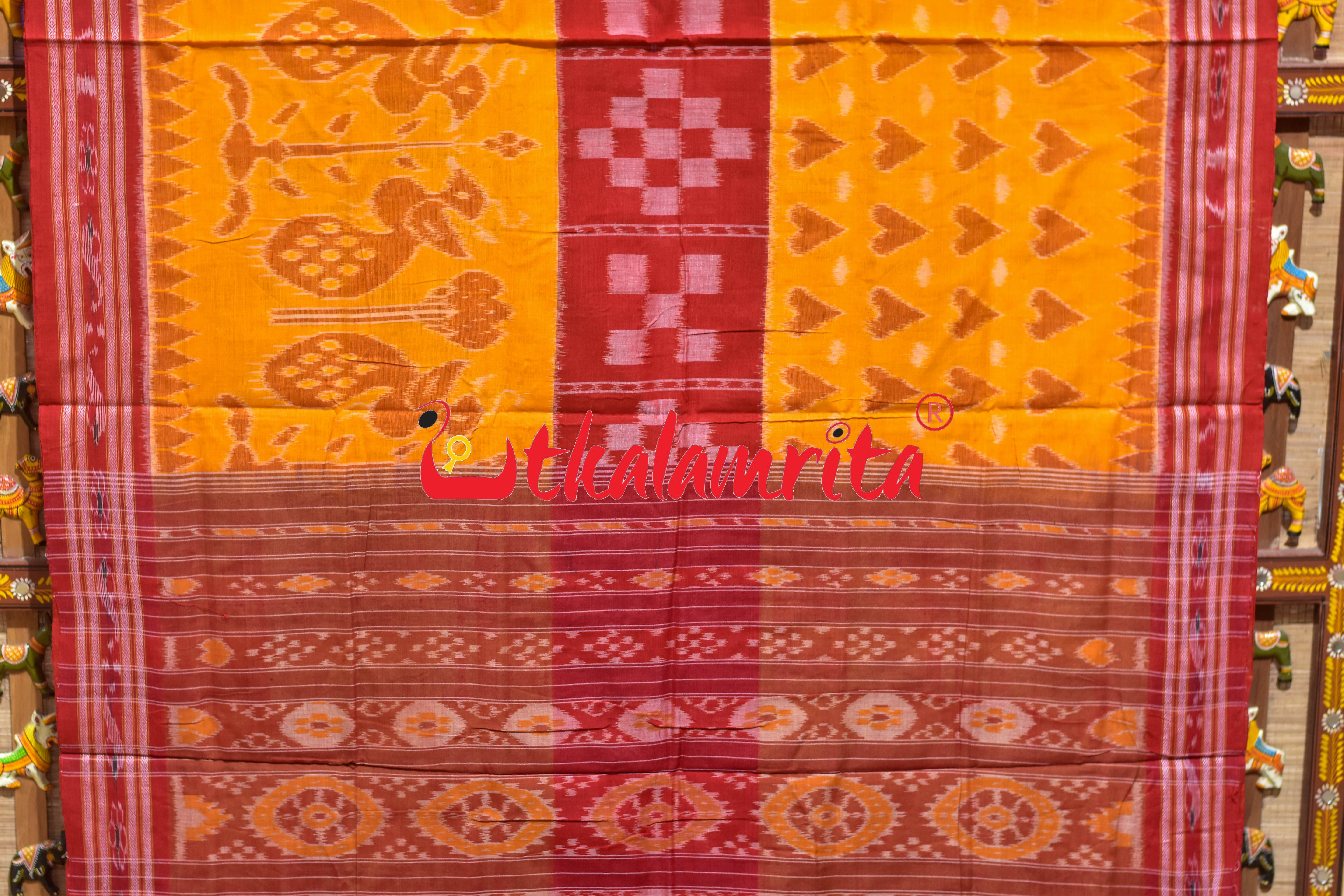 Yellow Kulfi Design Double Border Khandua Cotton Saree