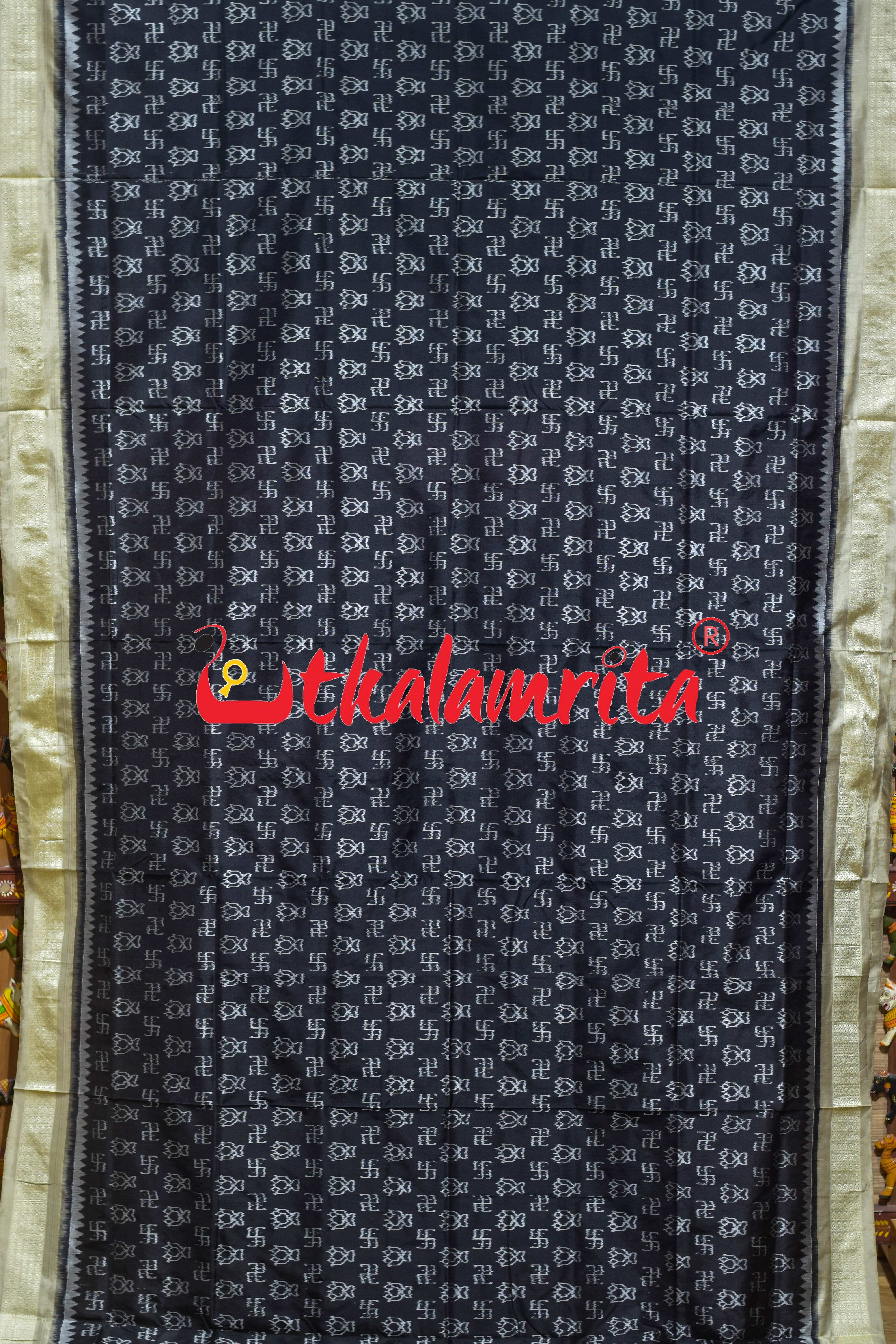 Black Cream Swastik Bandha Sambalpuri Silk Saree