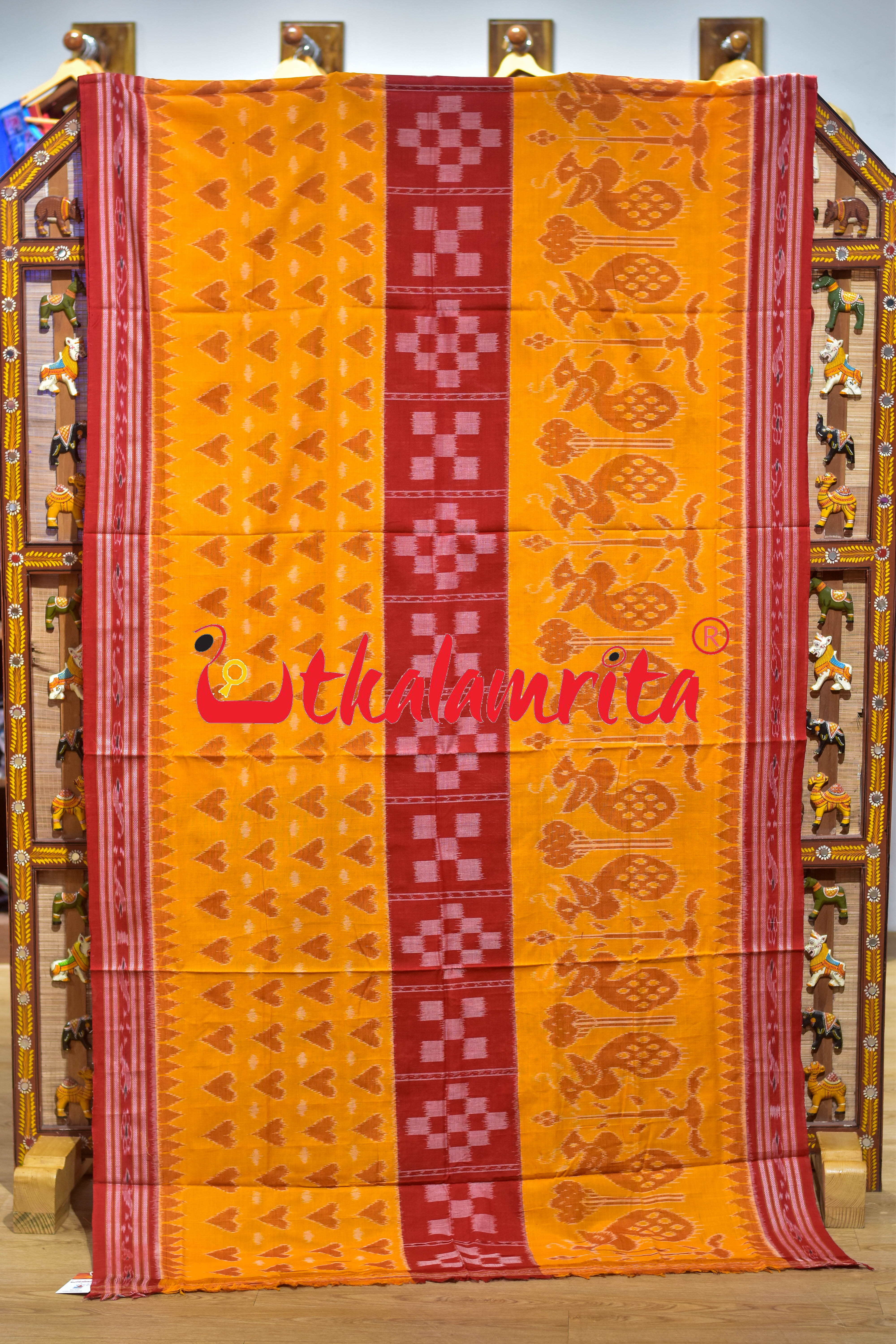 Yellow Kulfi Design Double Border Khandua Cotton Saree