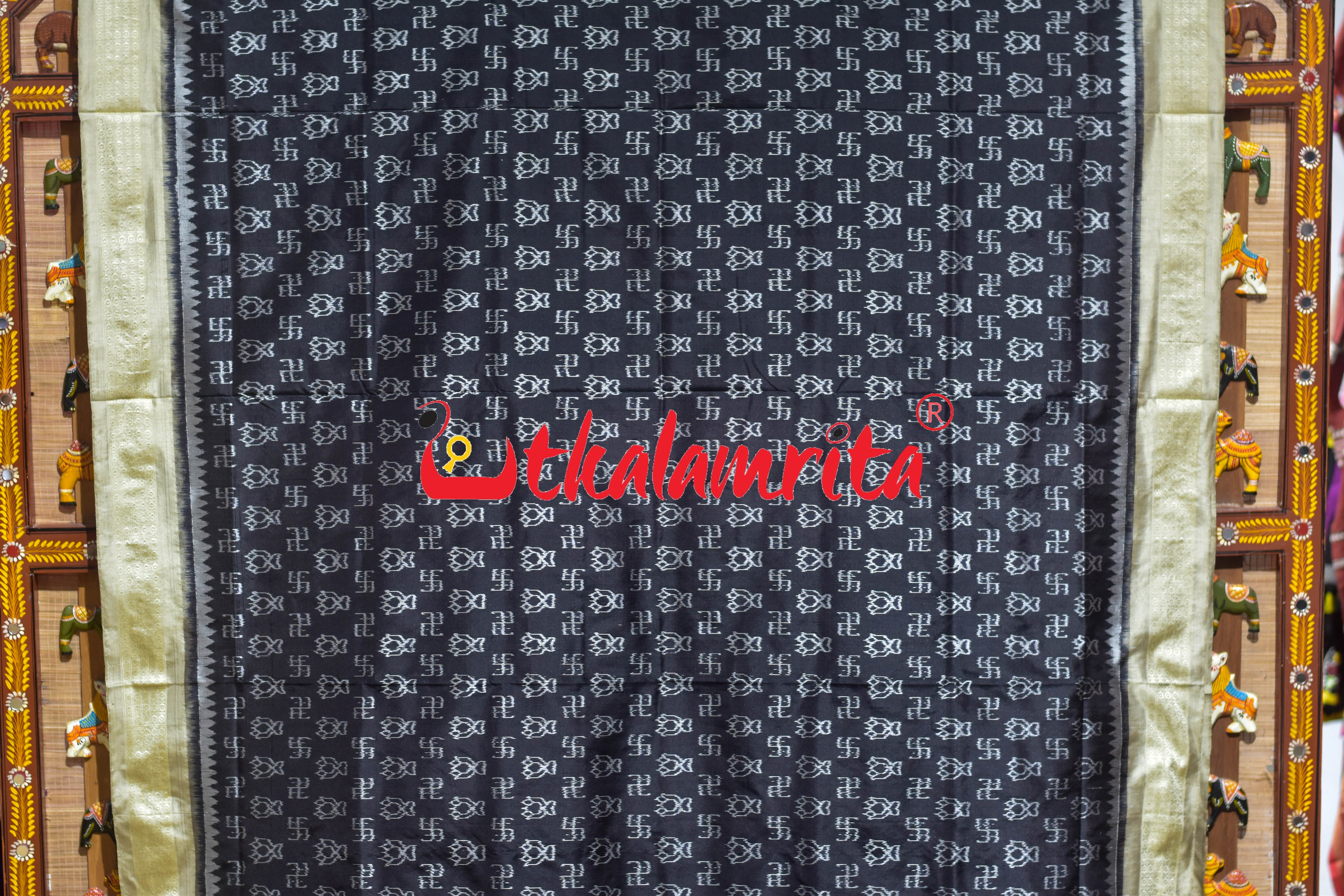 Black Cream Swastik Bandha Sambalpuri Silk Saree