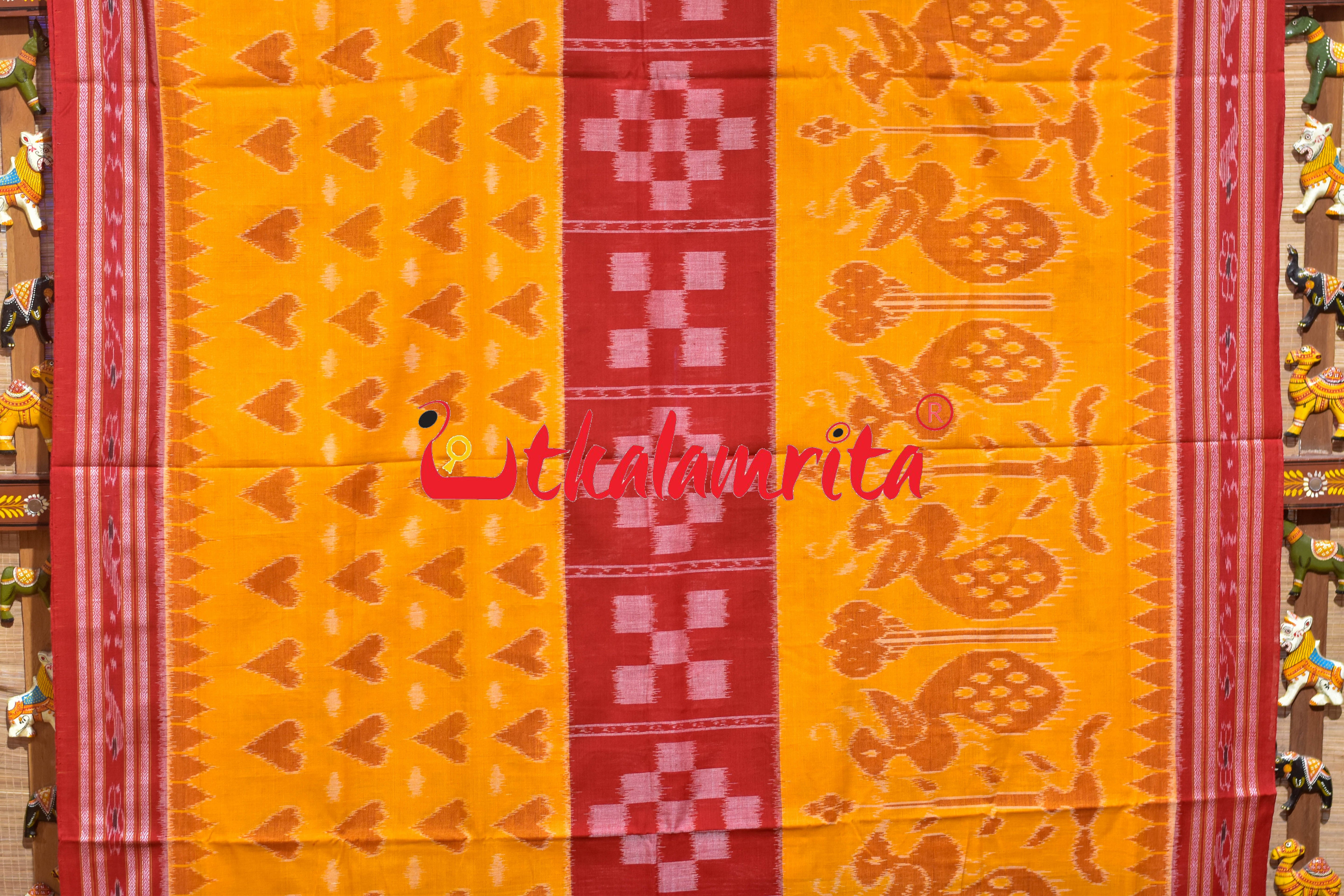 Yellow Kulfi Design Double Border Khandua Cotton Saree
