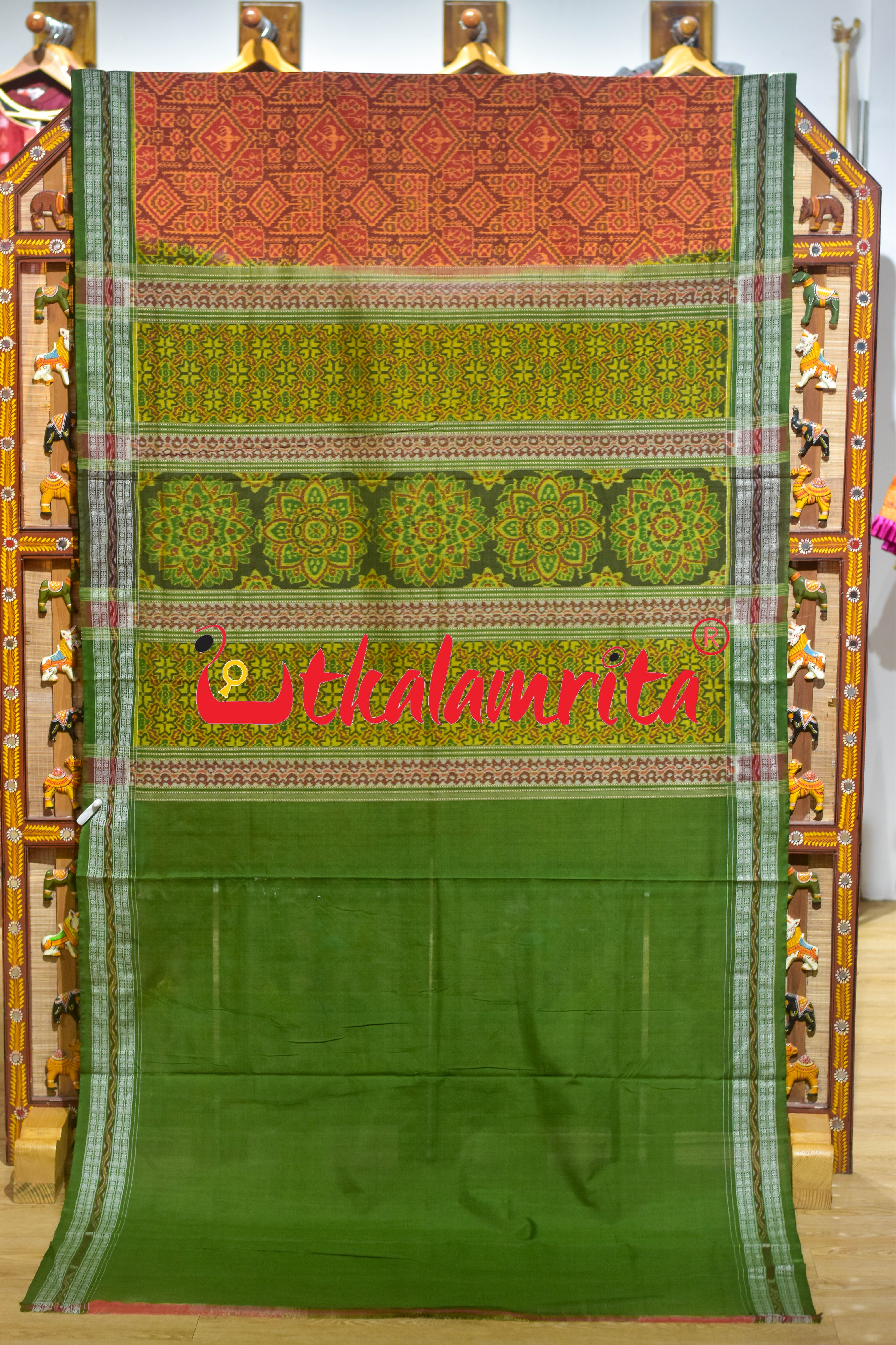 Rust Green Tribal Thikiri Sambalpuri Cotton Saree