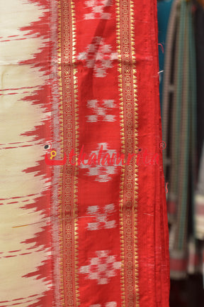 White Red Dhanpatri Pasapali Border Khandua Silk Saree