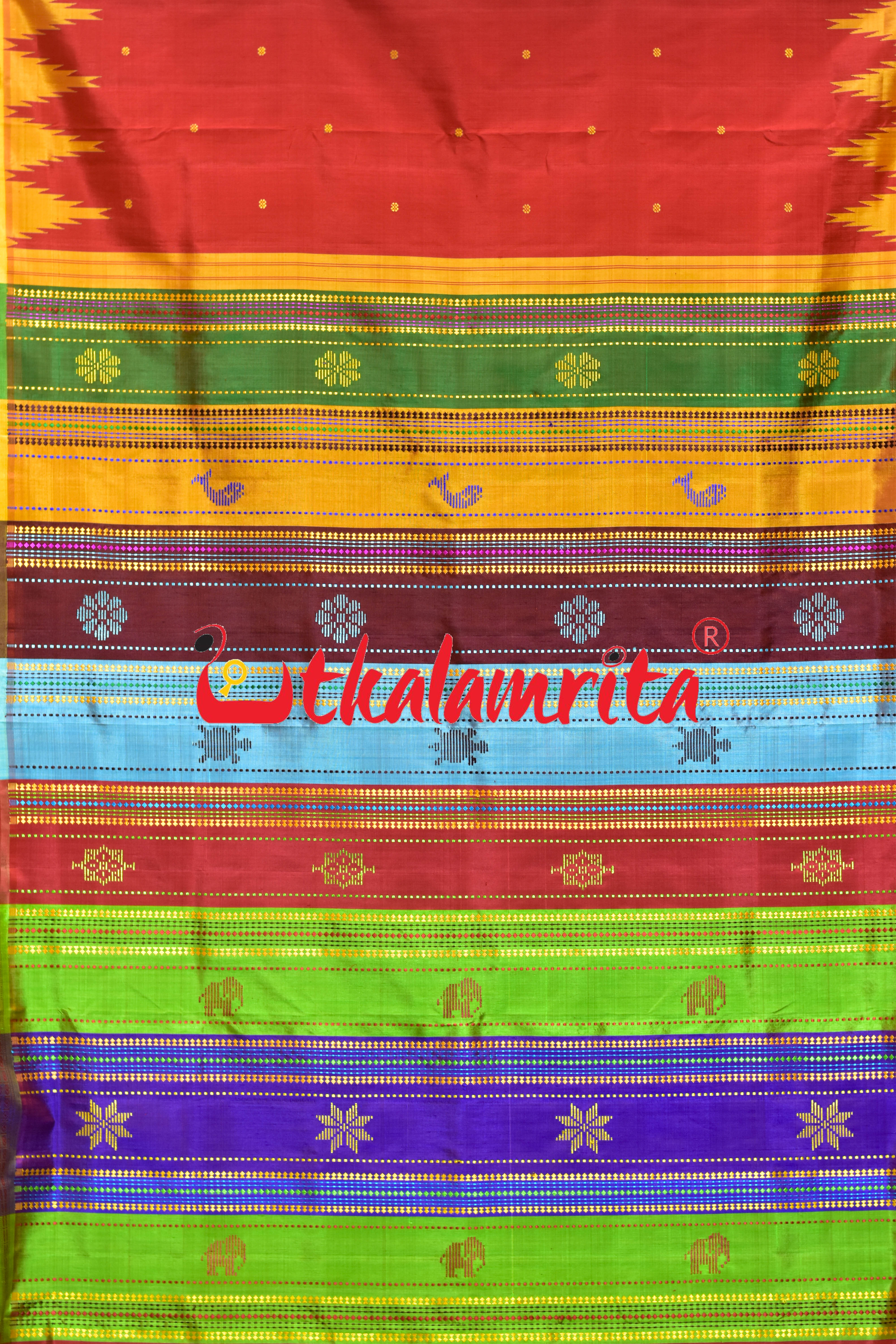 Red Yellow Kumbha Double Anchal Berhampuri Silk Saree