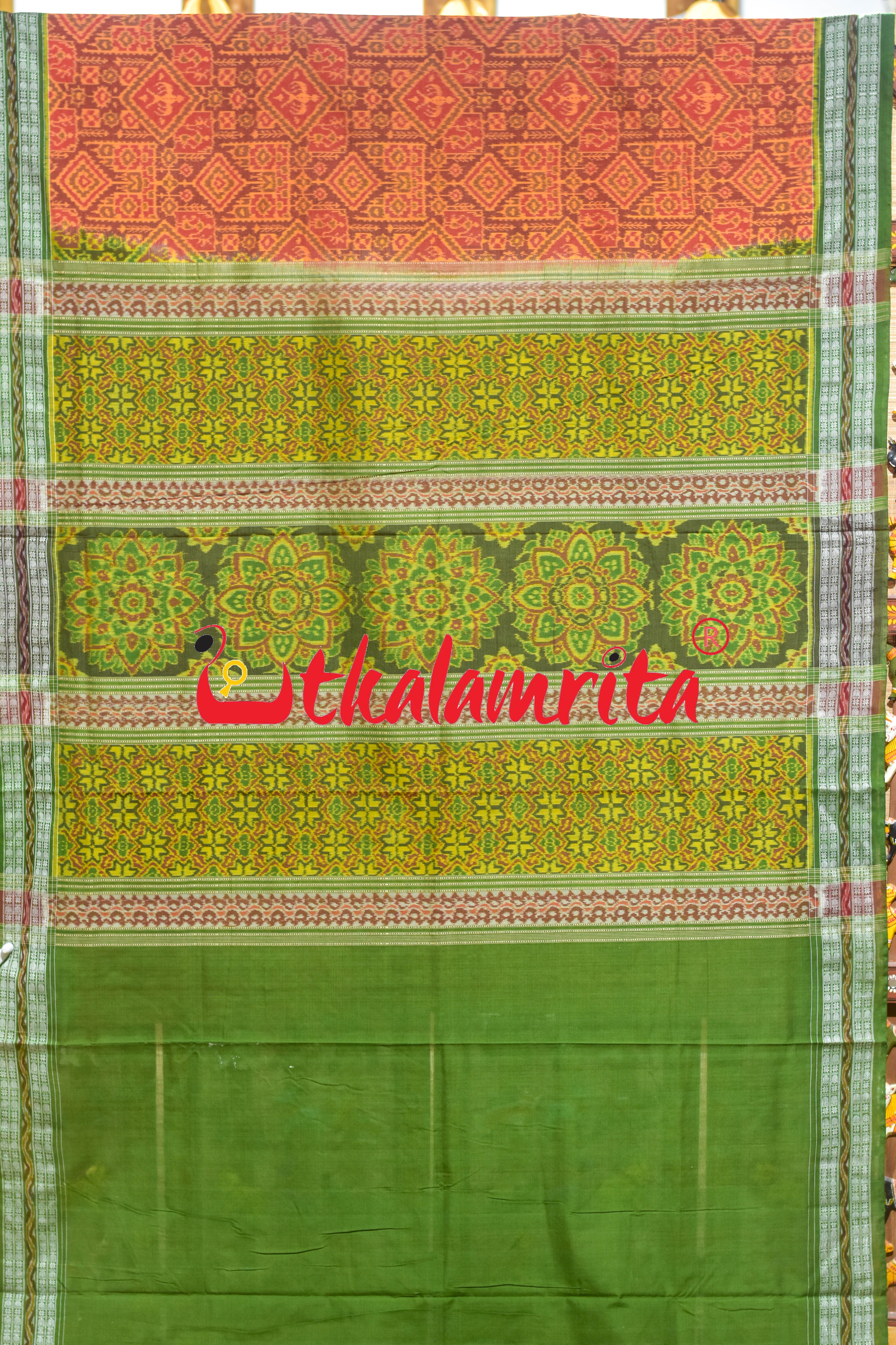 Rust Green Tribal Thikiri Sambalpuri Cotton Saree