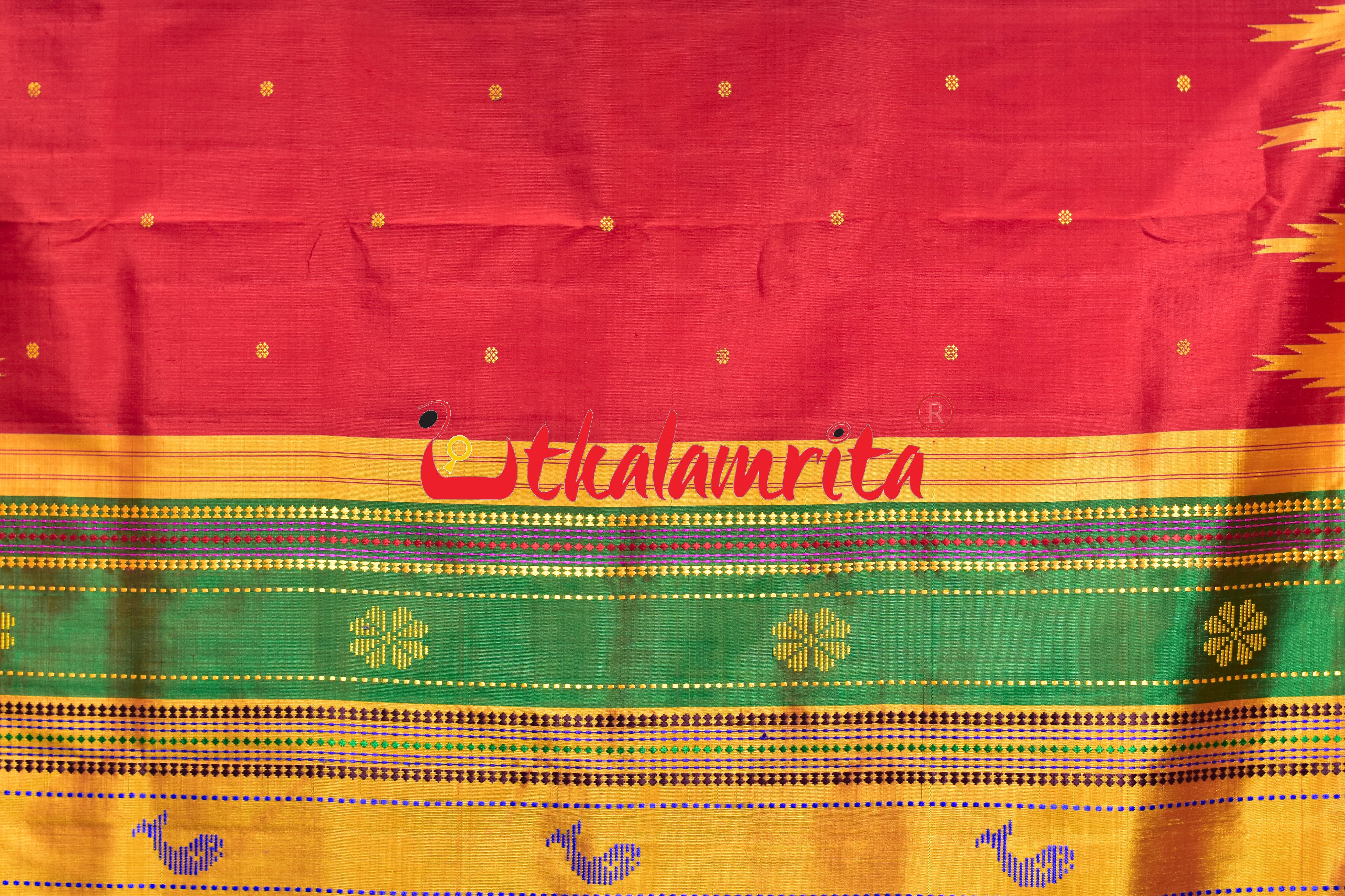 Red Yellow Kumbha Double Anchal Berhampuri Silk Saree