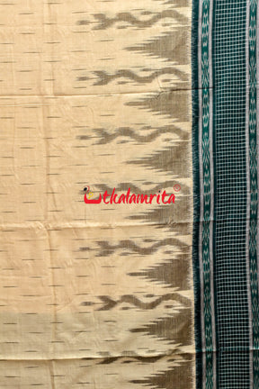 Off White Green Check Daali Scot Khandua Cotton Saree