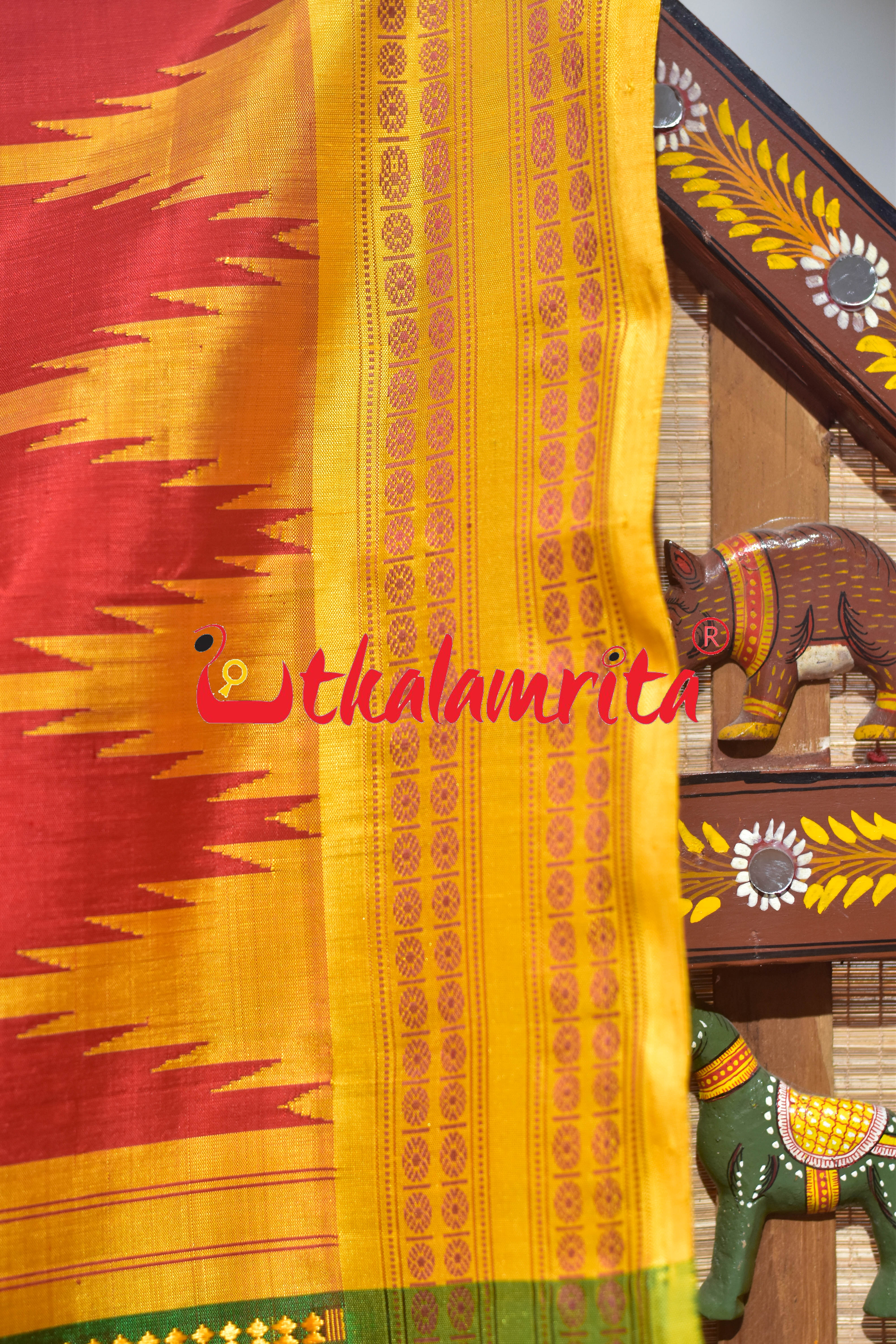 Red Yellow Kumbha Double Anchal Berhampuri Silk Saree
