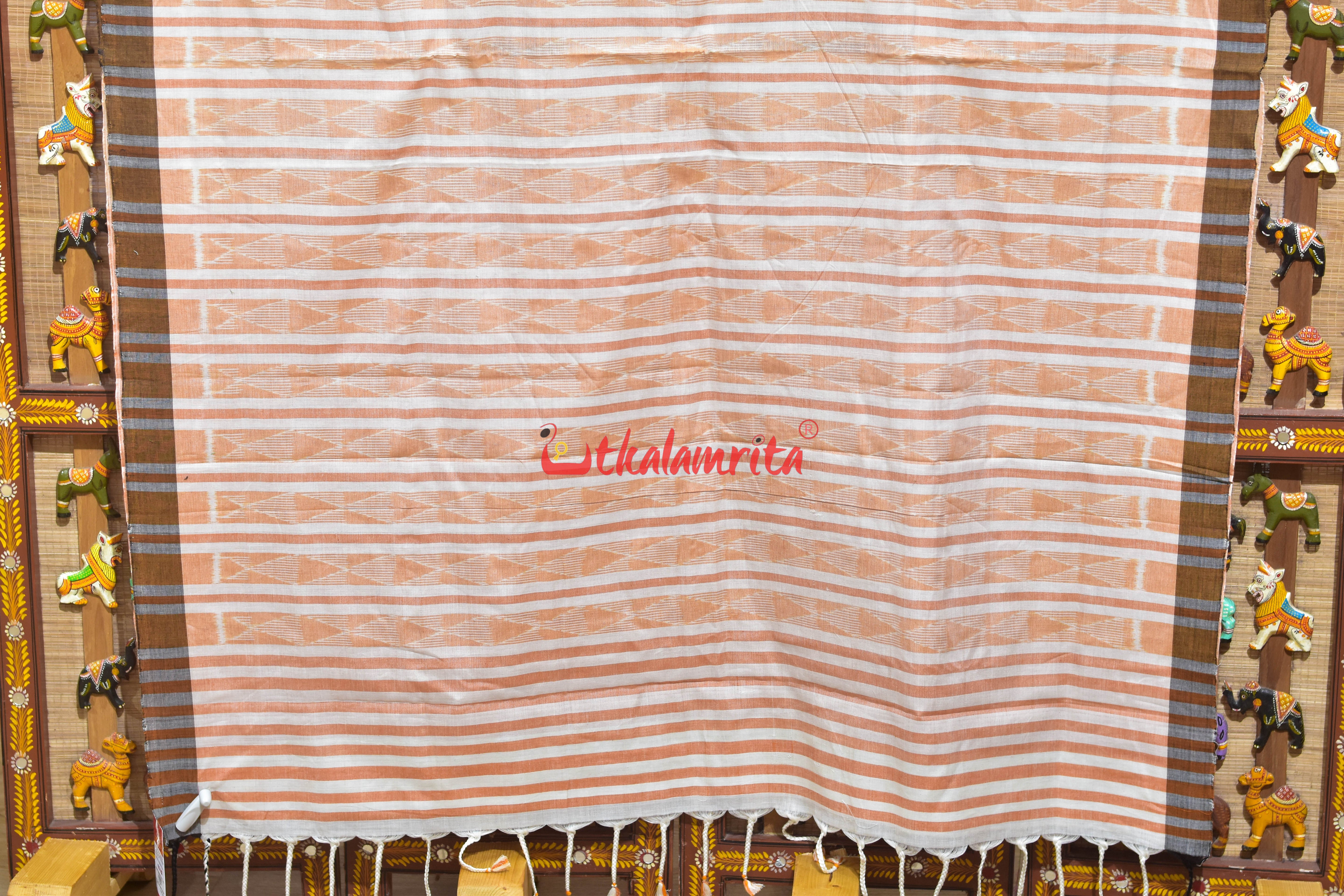 Peach Triangle Lines Khandua Cotton Saree