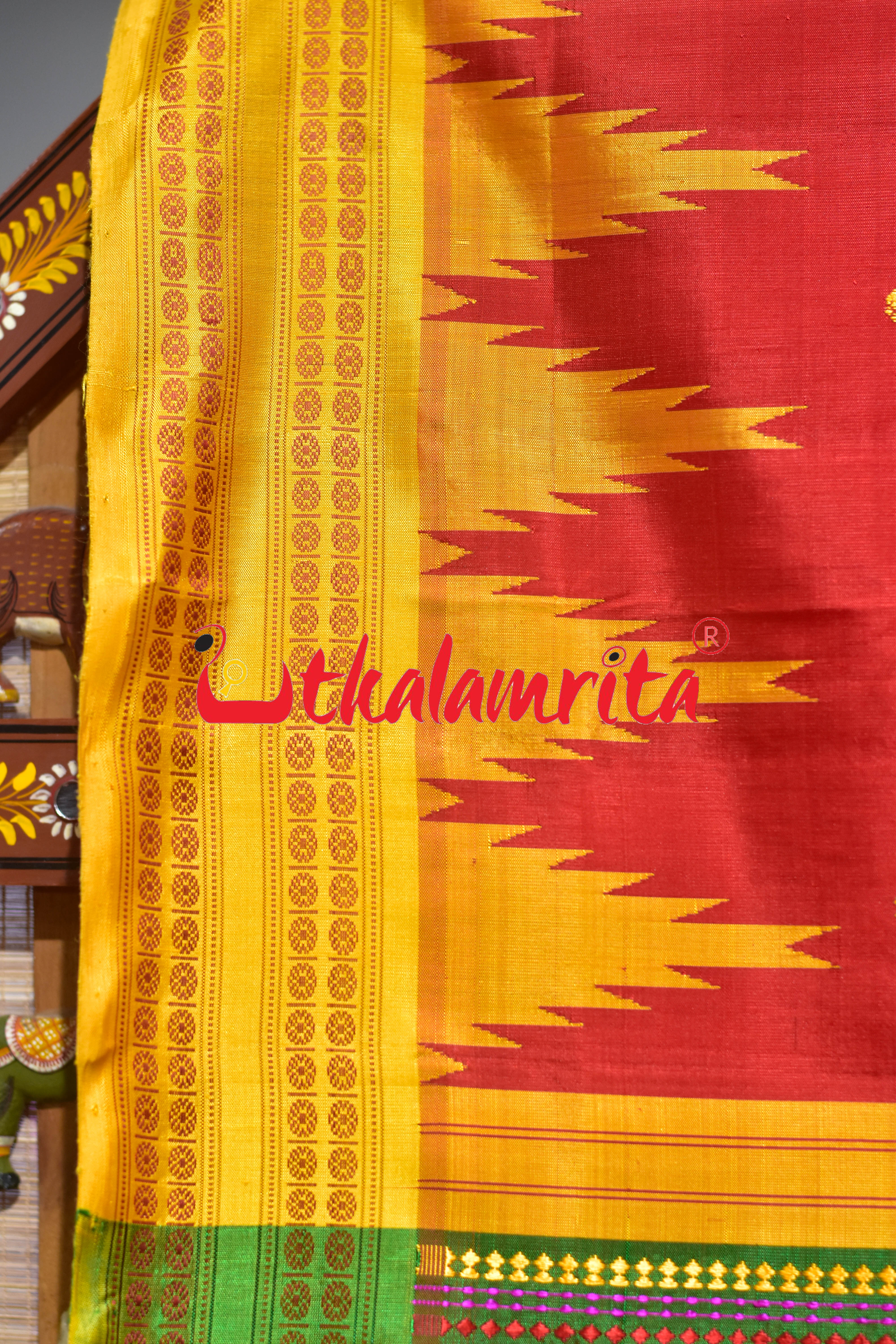 Red Yellow Kumbha Double Anchal Berhampuri Silk Saree