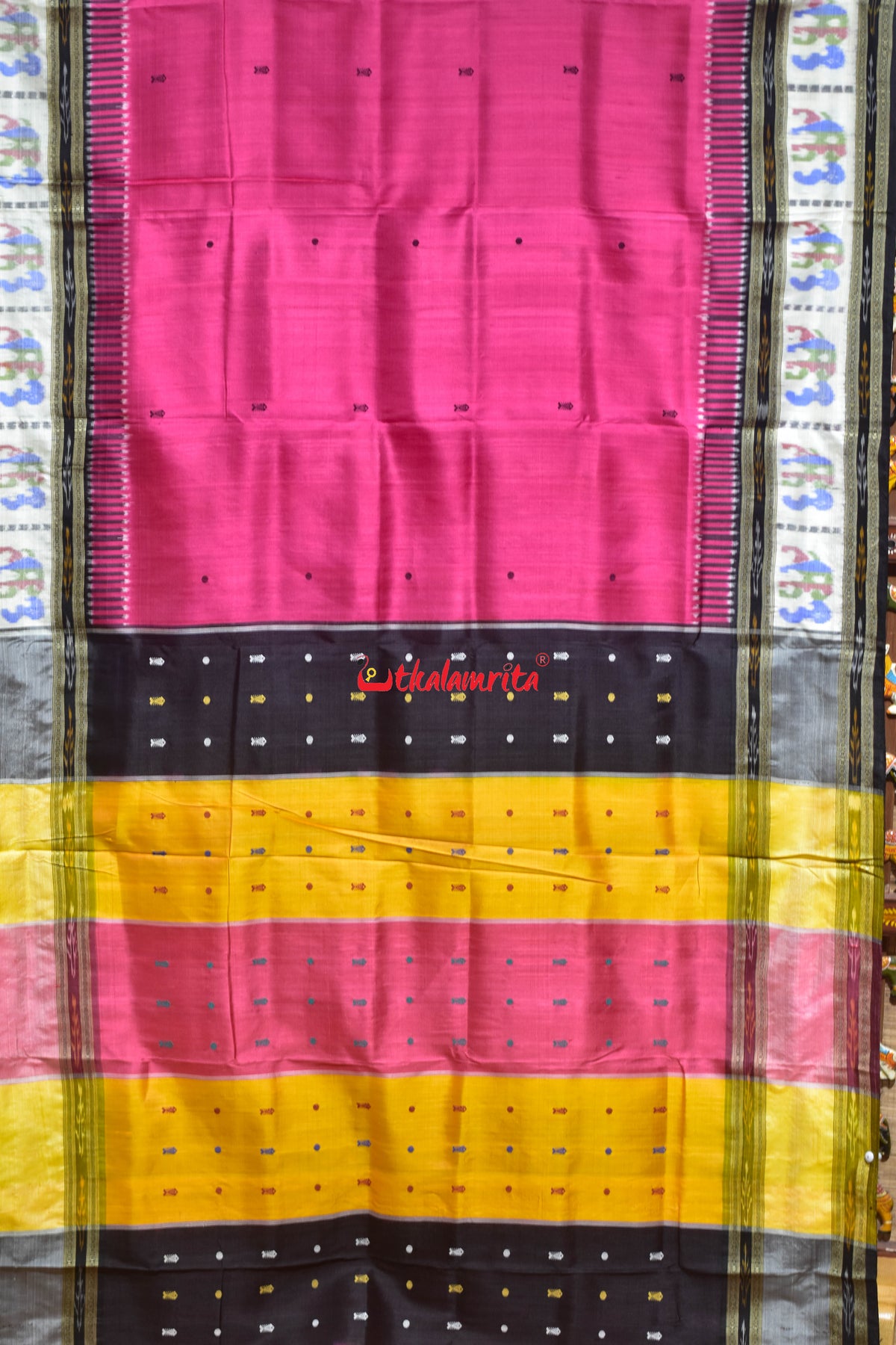 Pink Fish Buti Elephant Border Kathifera Silk Saree