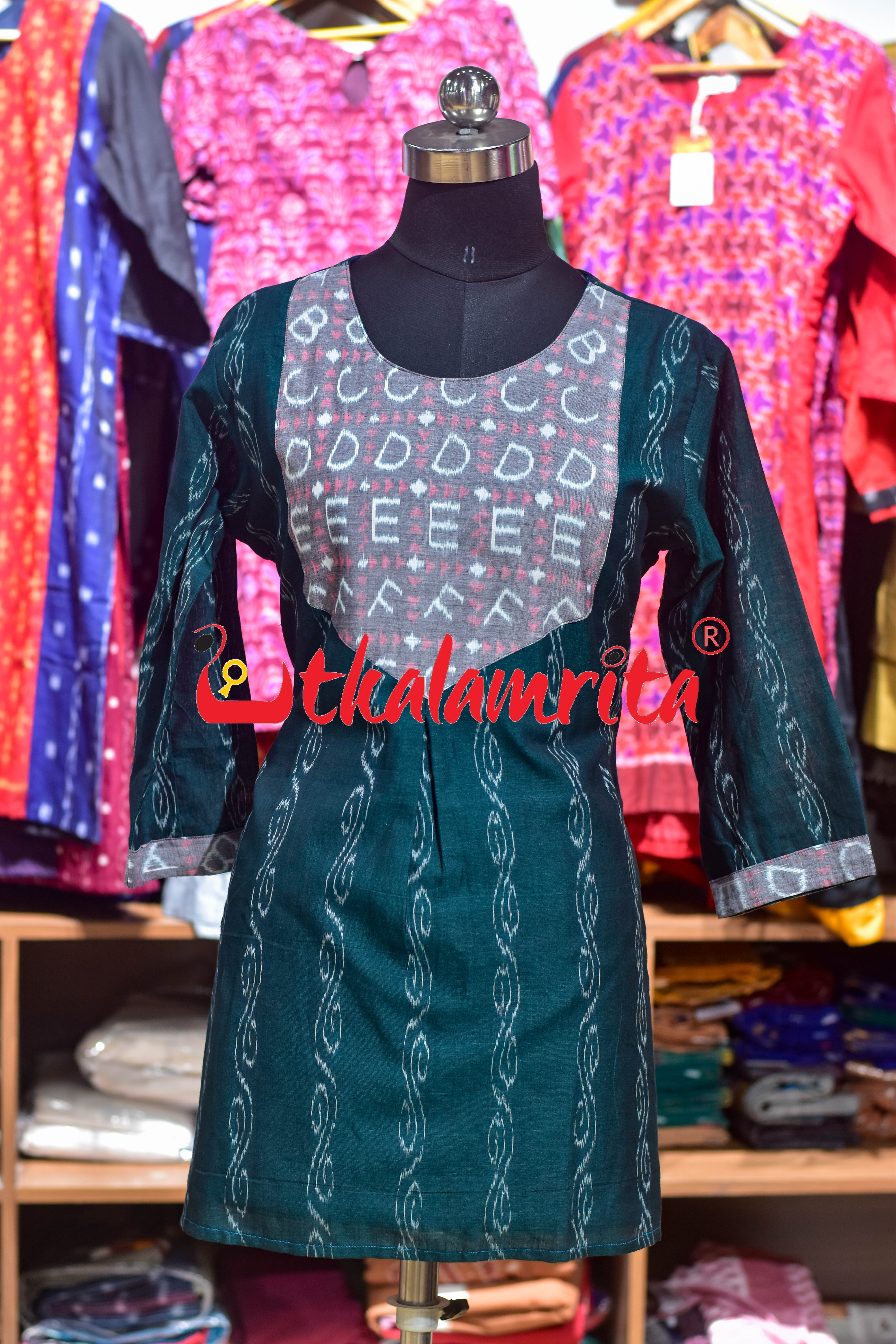 Bottle Green Anjimala English Letters (Ladies' Short Kurti)