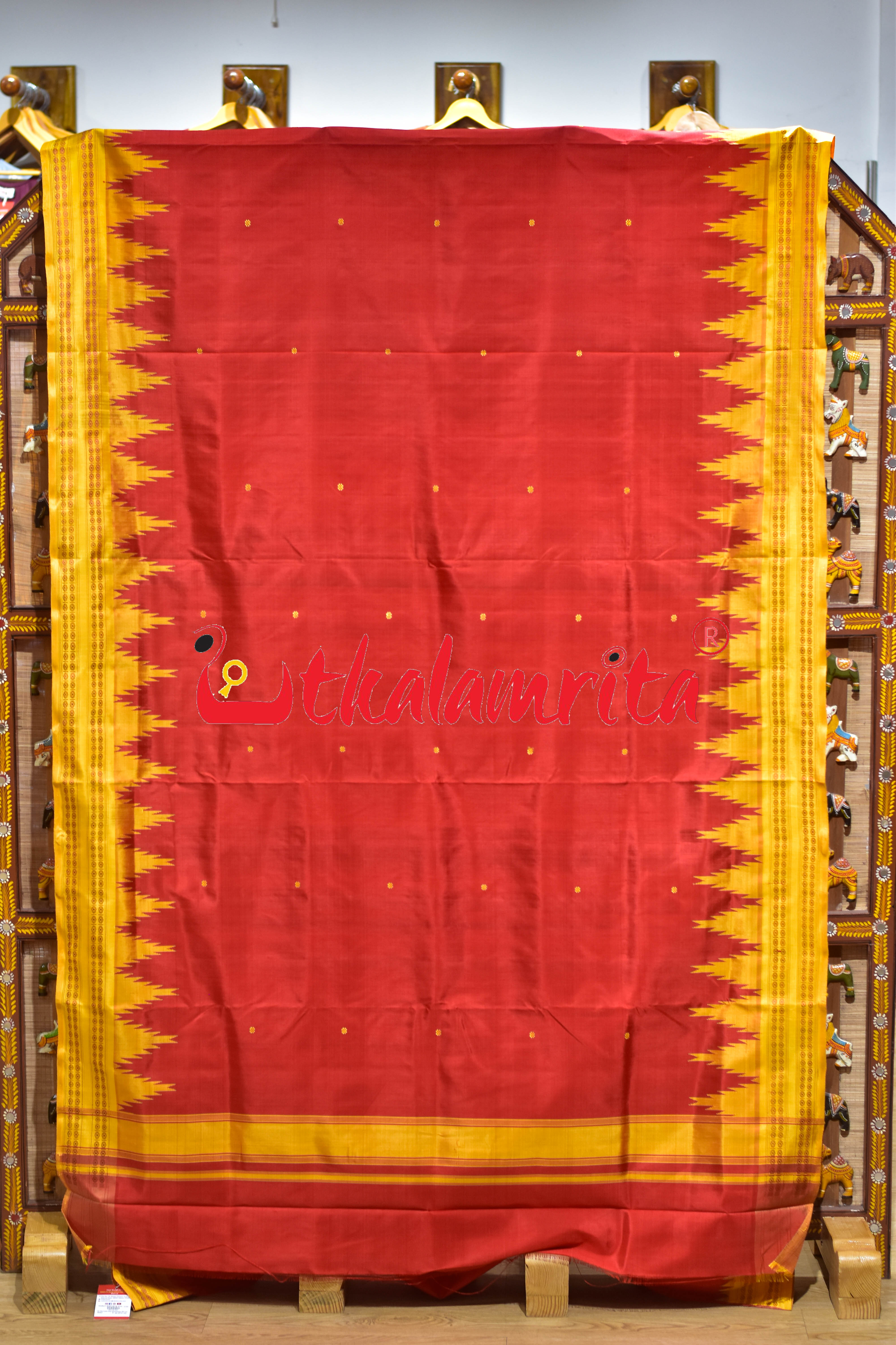 Red Yellow Kumbha Double Anchal Berhampuri Silk Saree