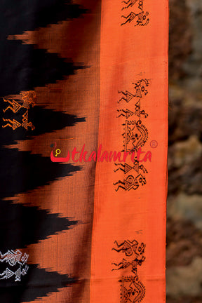 Black Orange Tribal Bomkai Silk Saree