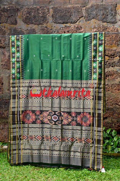 Deep Green Black Double Border Pasapali Khandua Silk Saree