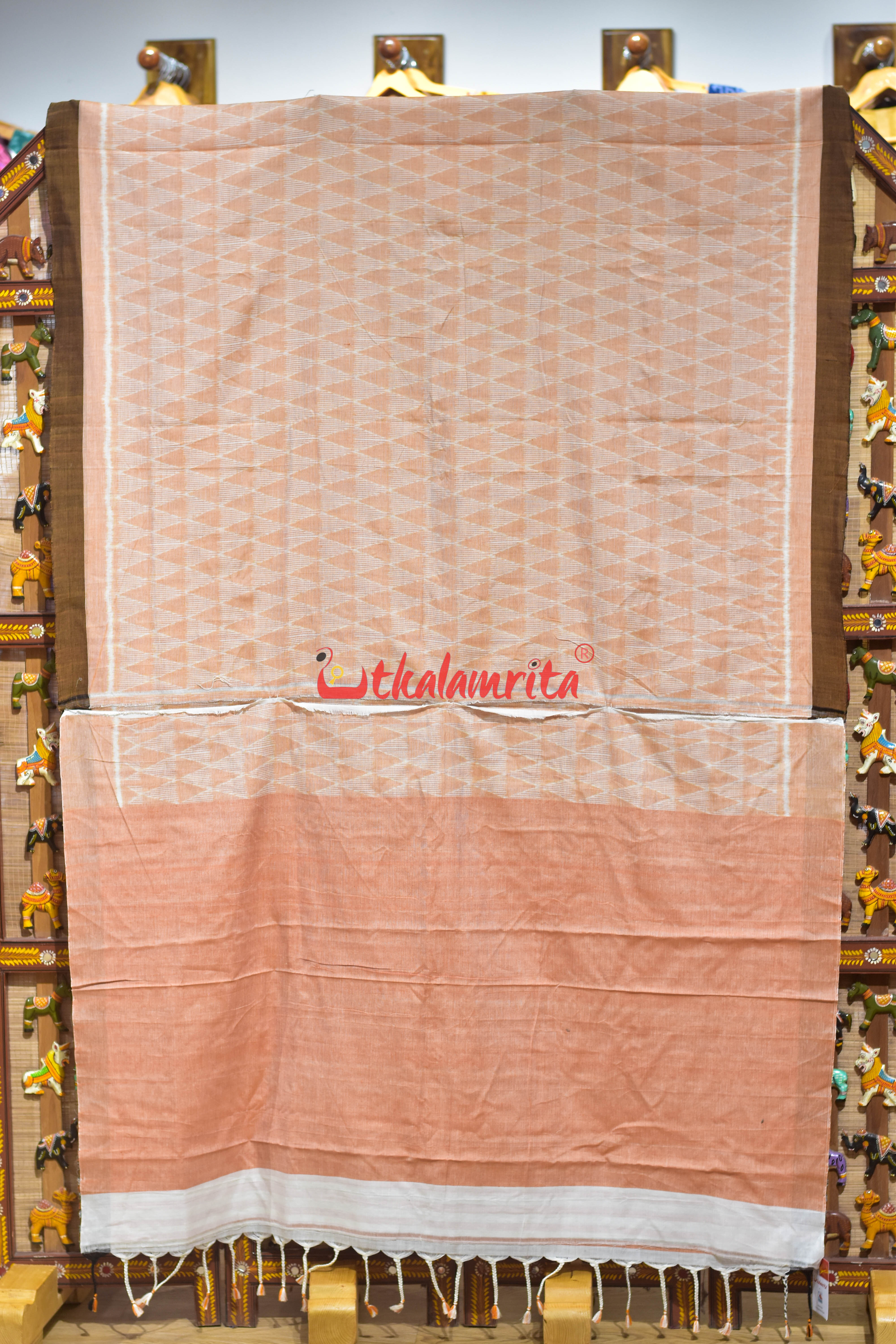 Peach Triangle Lines Khandua Cotton Saree