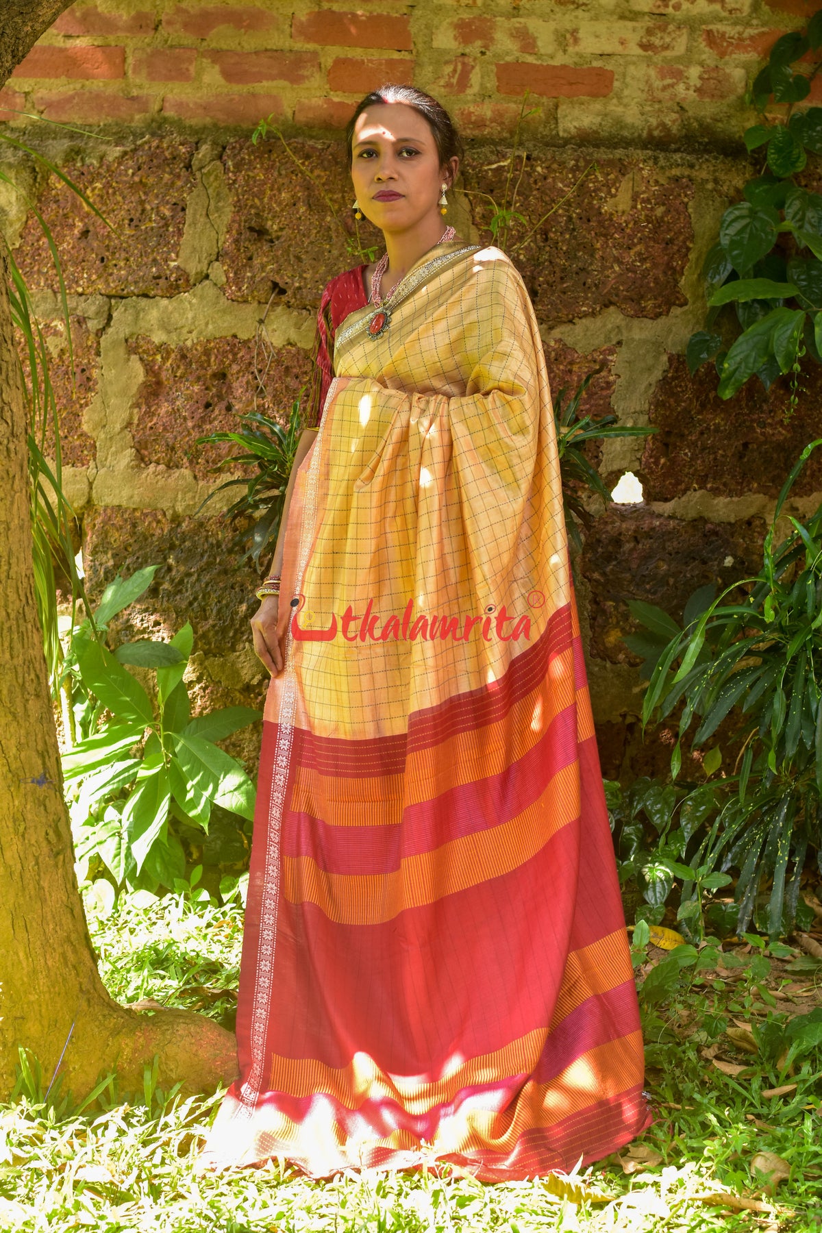 Orange Body Check And Anchal Stripes Tussar Saree