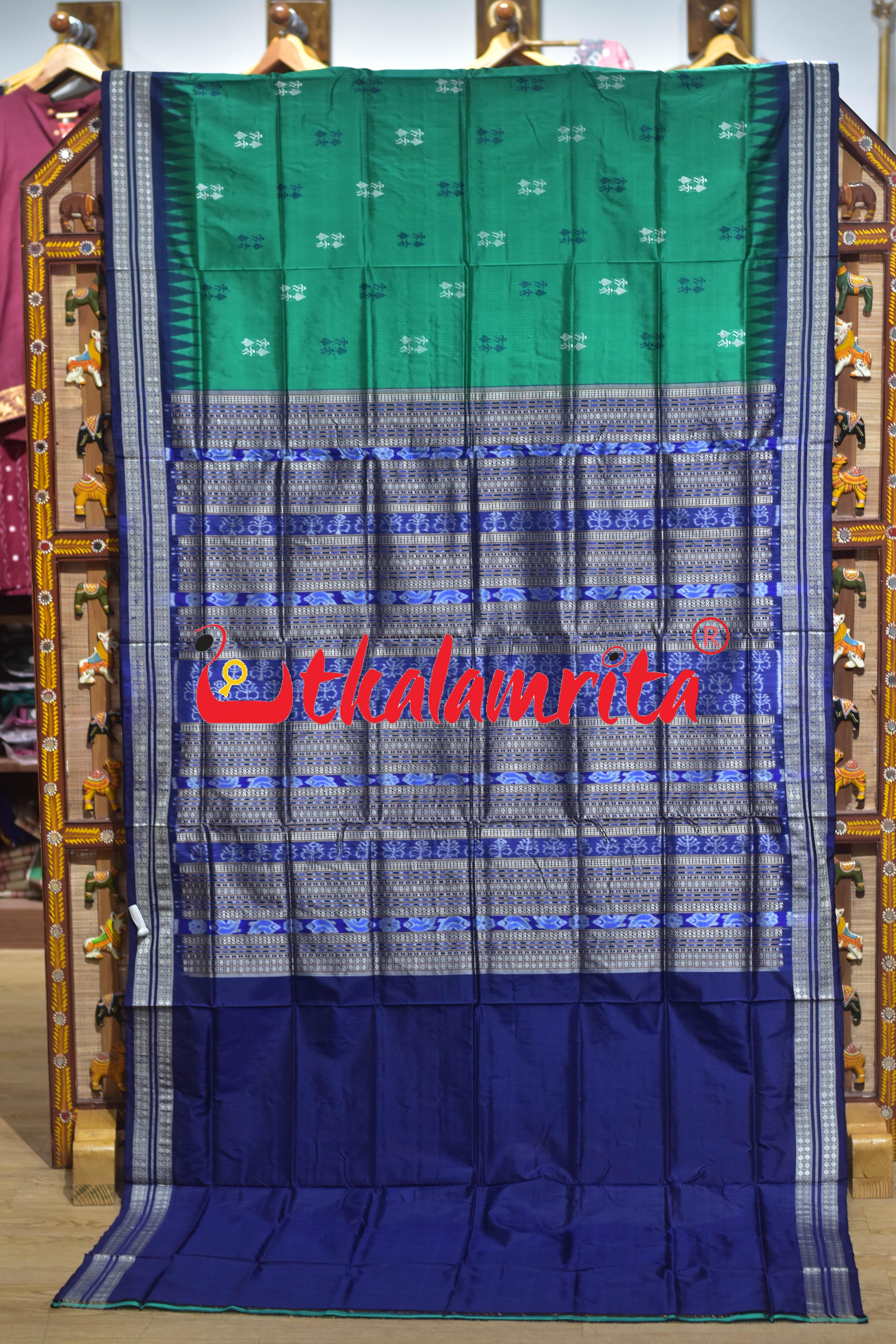 Green Blue Tribal Theme Bomkai Silk Saree