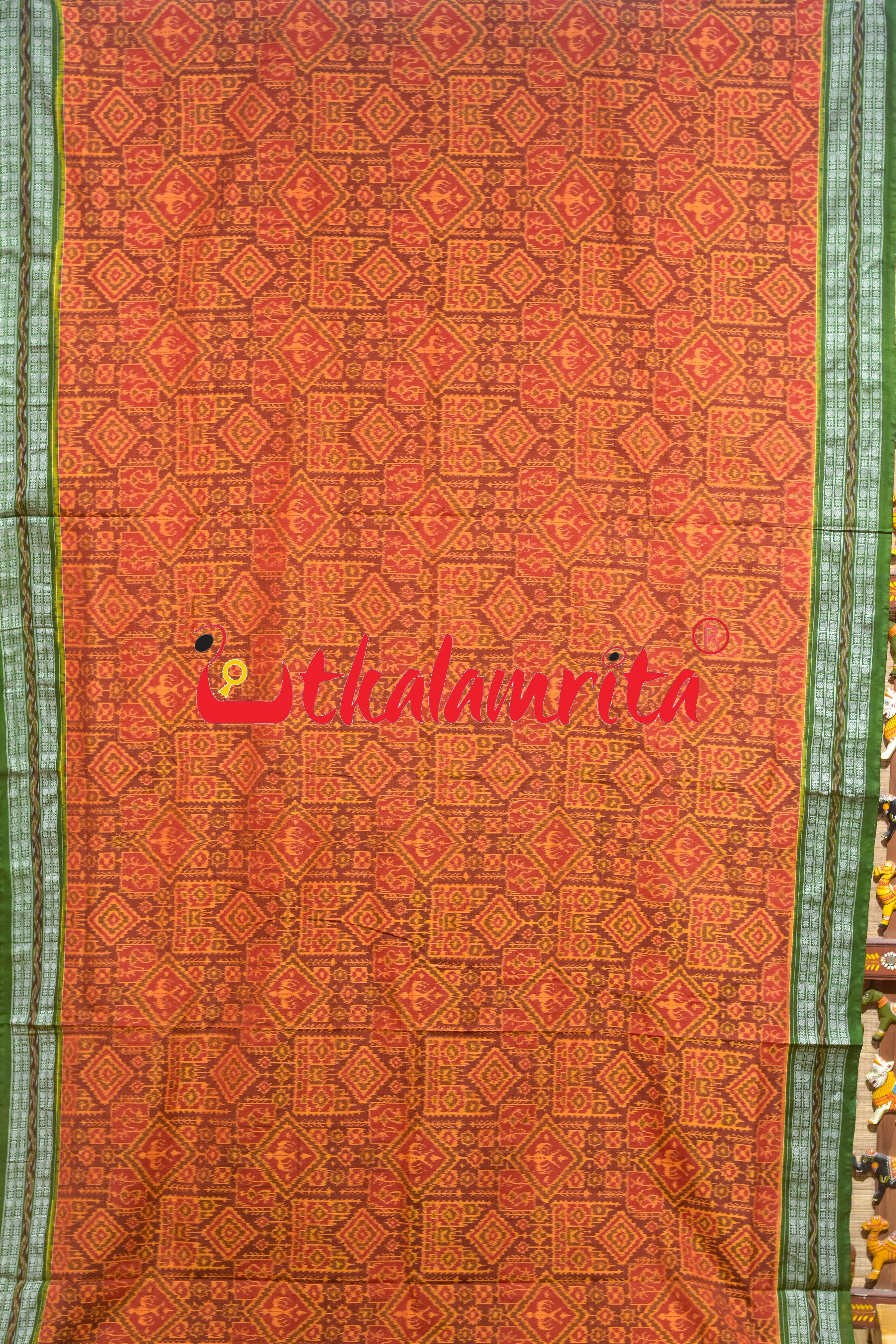 Rust Green Tribal Thikiri Sambalpuri Cotton Saree