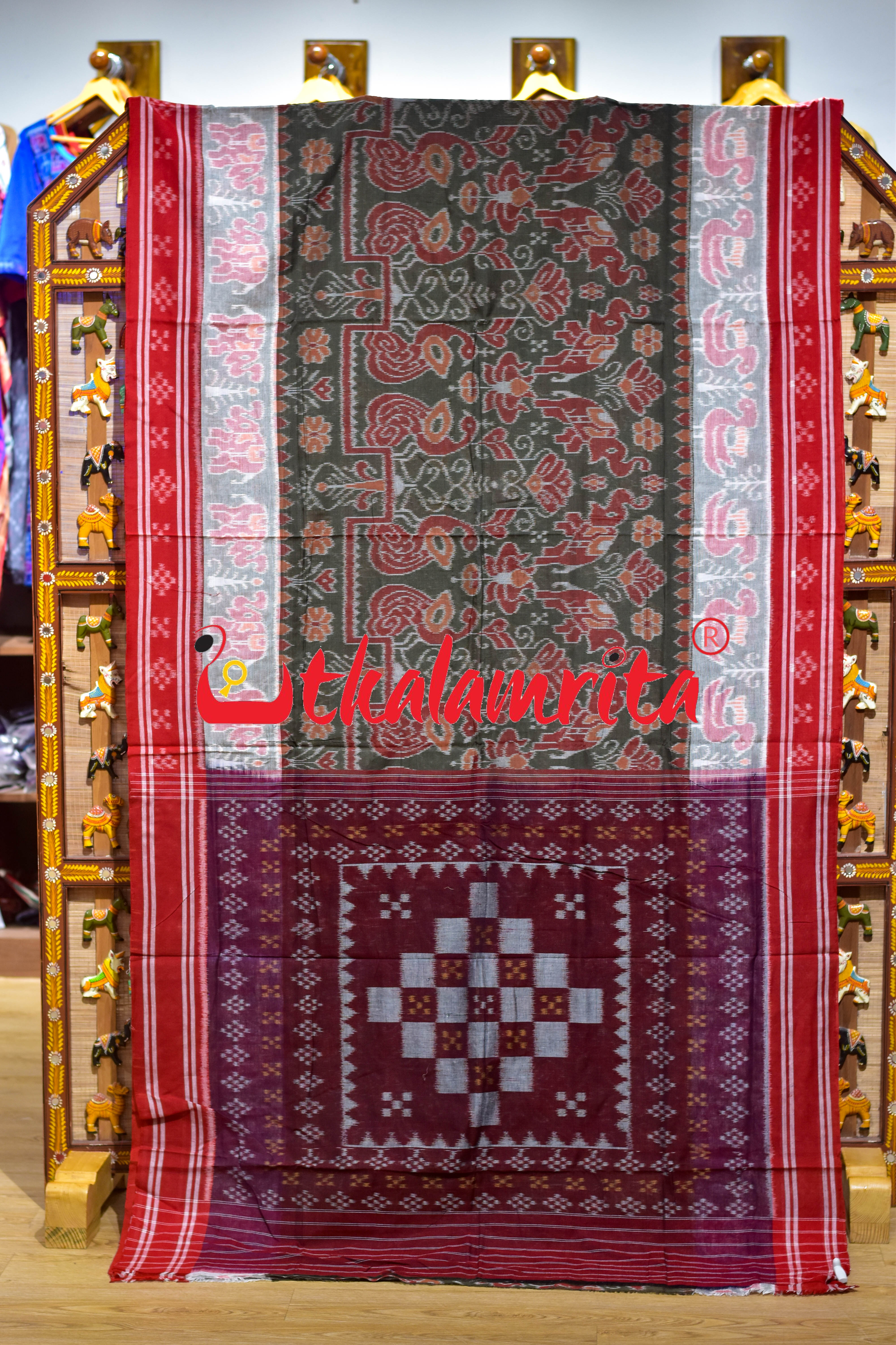 Olive Body Animal Double Border Khandua Cotton Saree