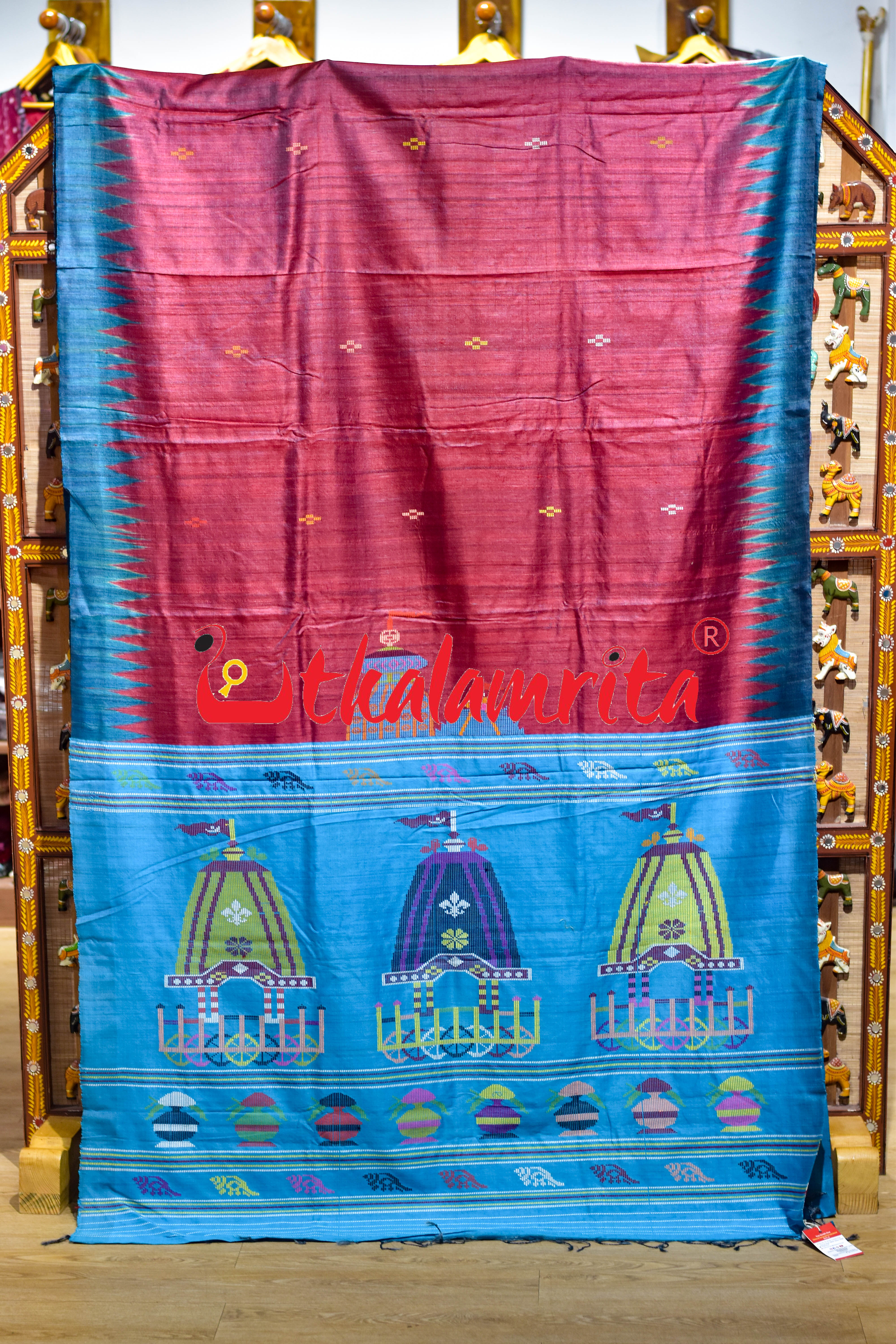 Plain Red Blue Ratha Jatra Gopalpur Tussar Silk Saree