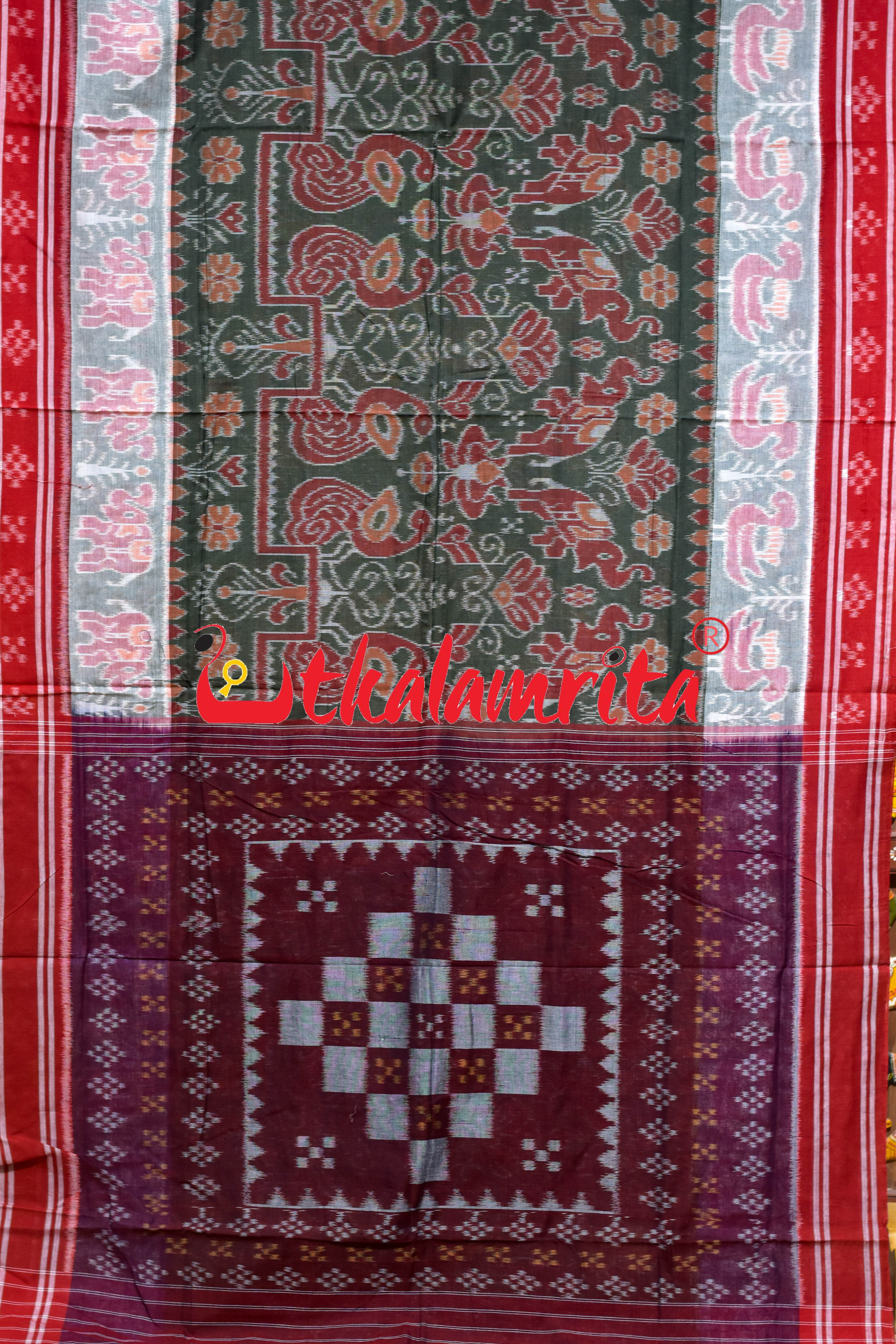 Olive Body Animal Double Border Khandua Cotton Saree