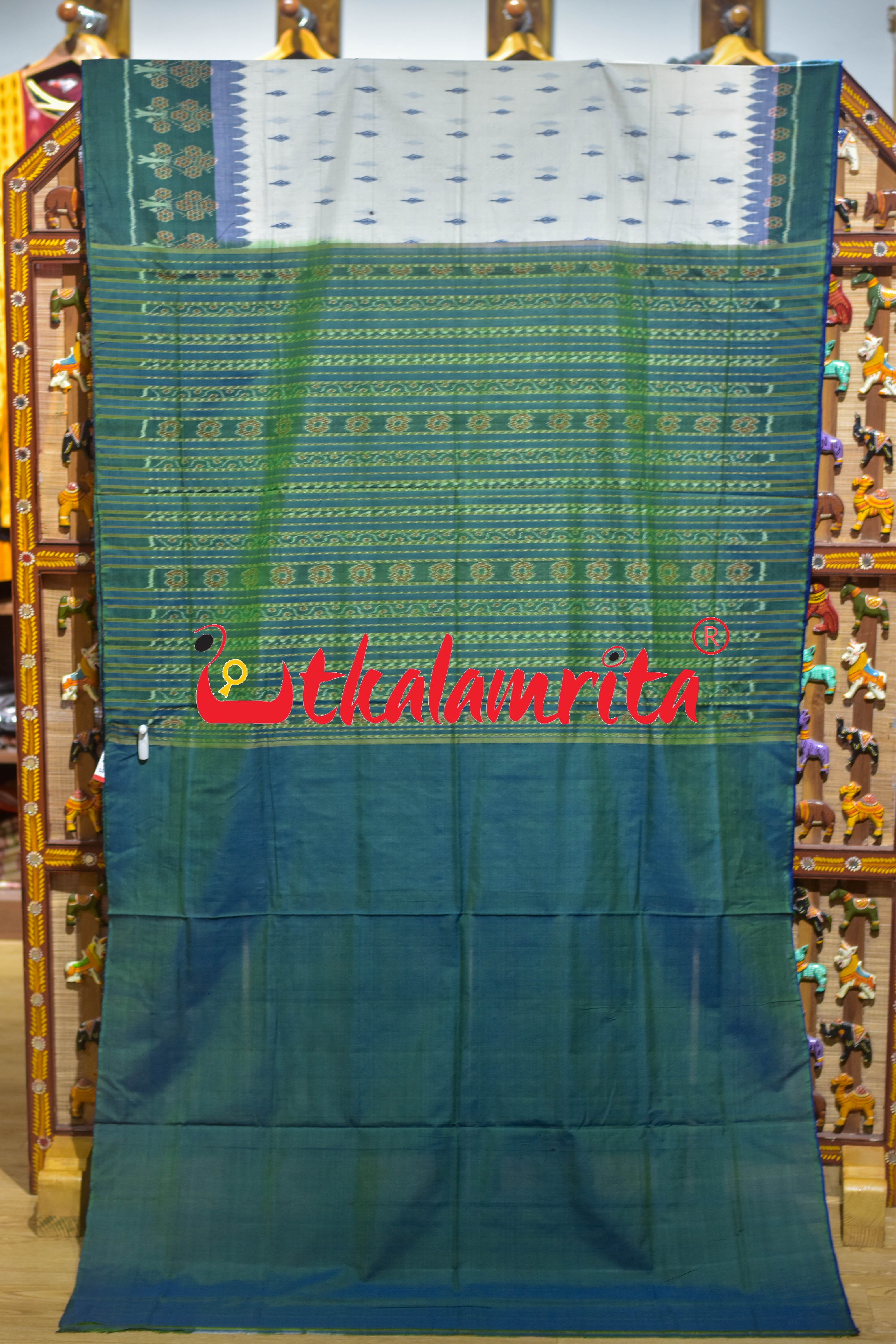 Blue Ferns over White Sambalpuri Cotton Saree