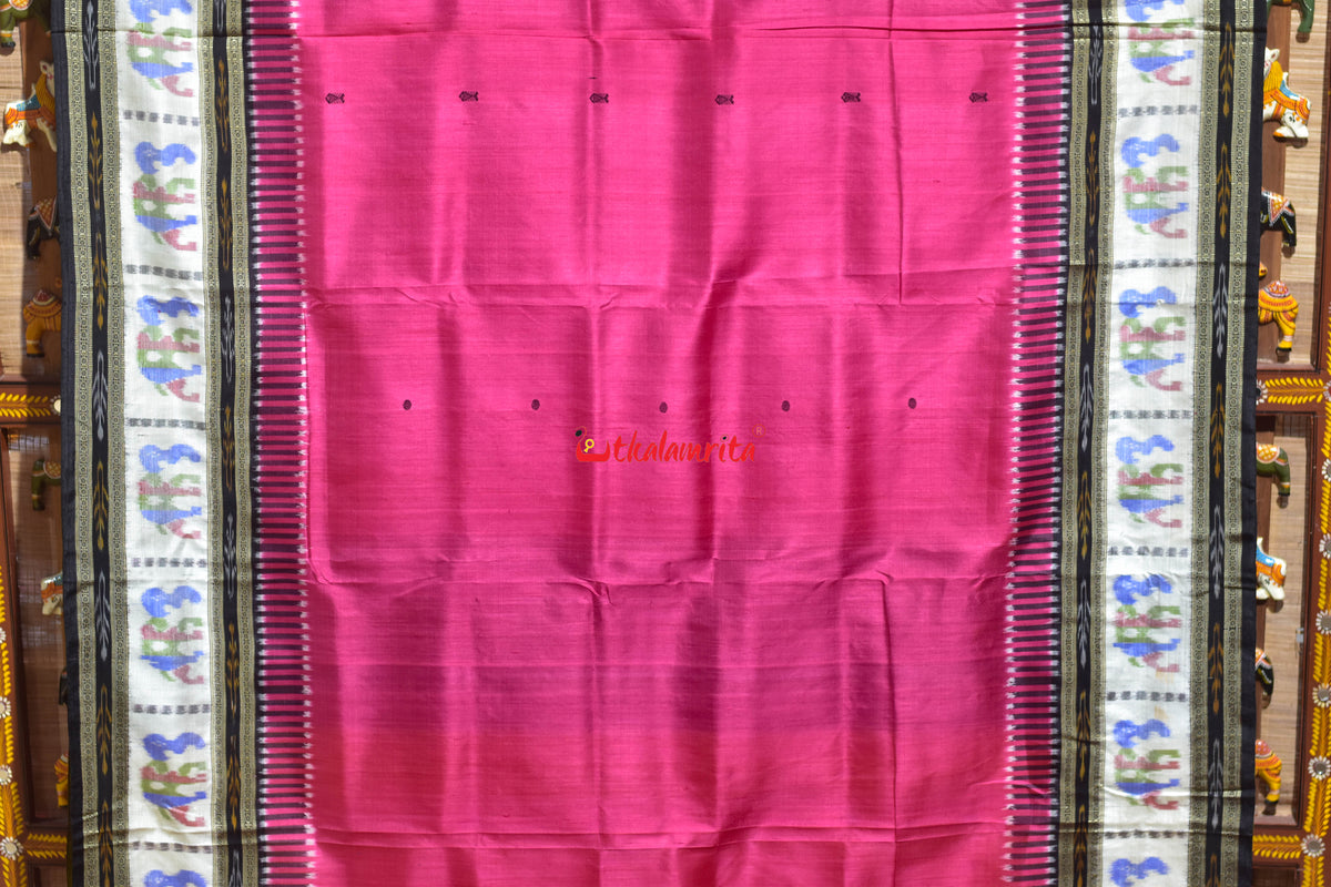 Pink Fish Buti Elephant Border Kathifera Silk Saree