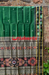 Deep Green Black Double Border Pasapali Khandua Silk Saree
