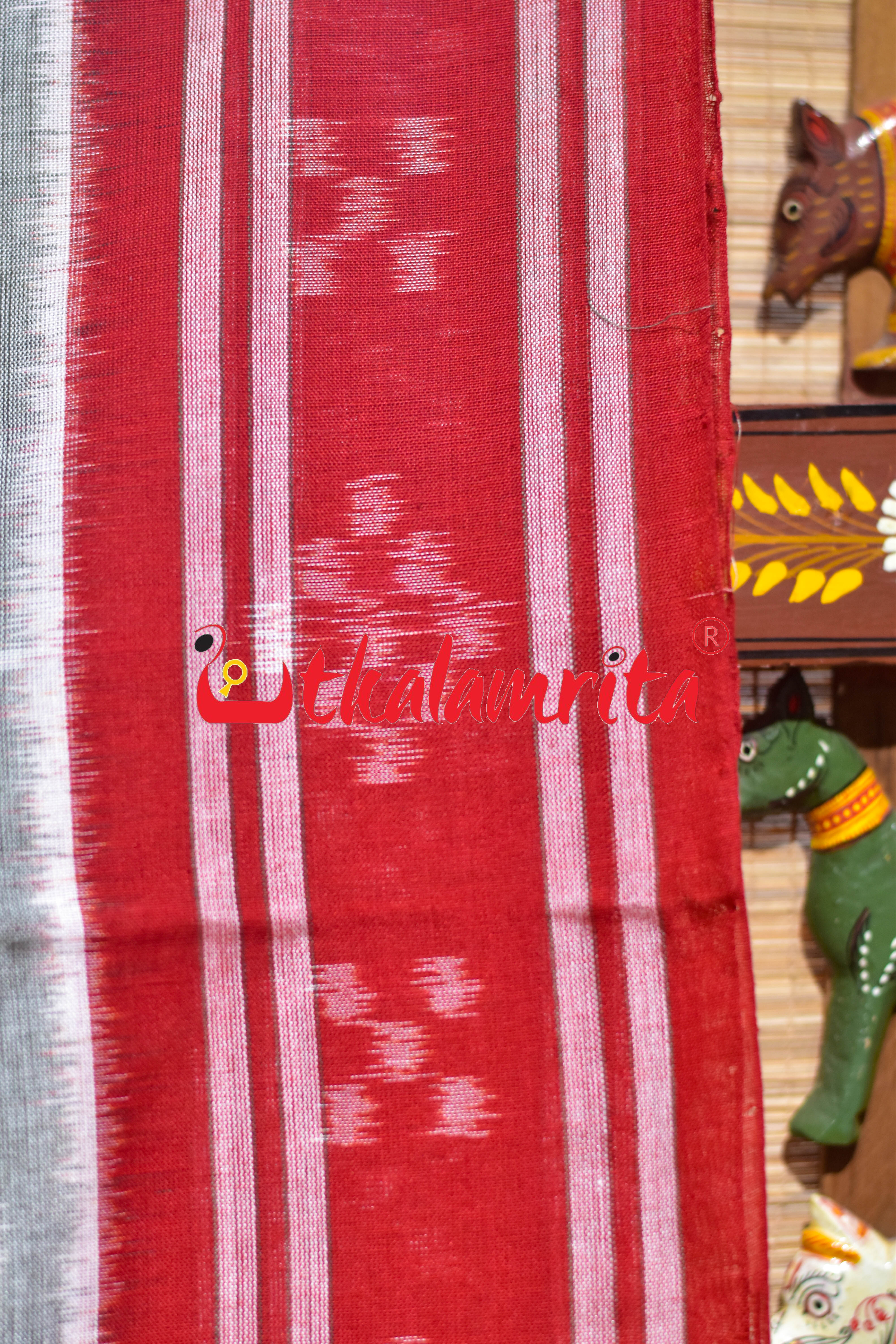 Olive Body Animal Double Border Khandua Cotton Saree