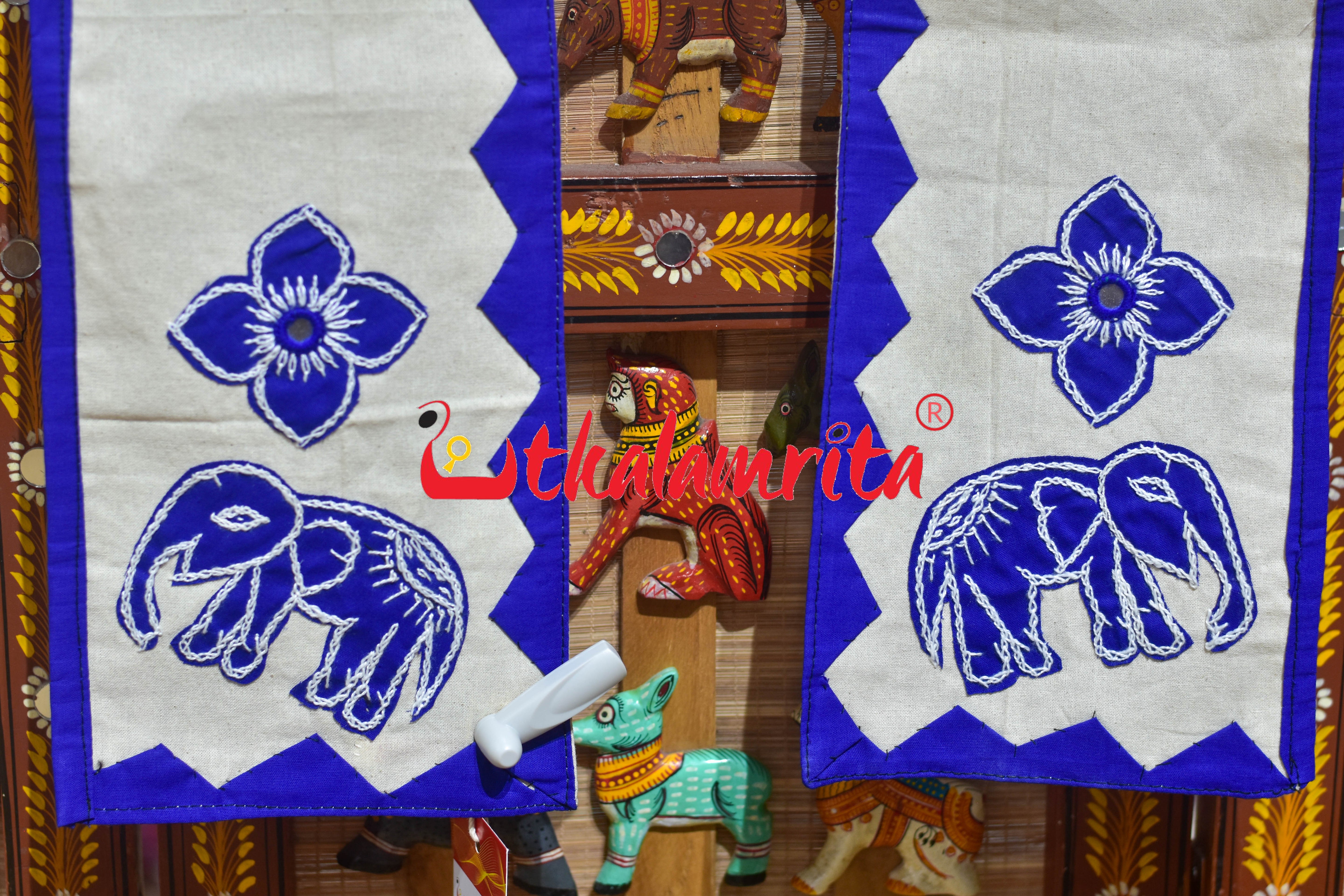 White Blue Elephant Pipli Applique Uttariya