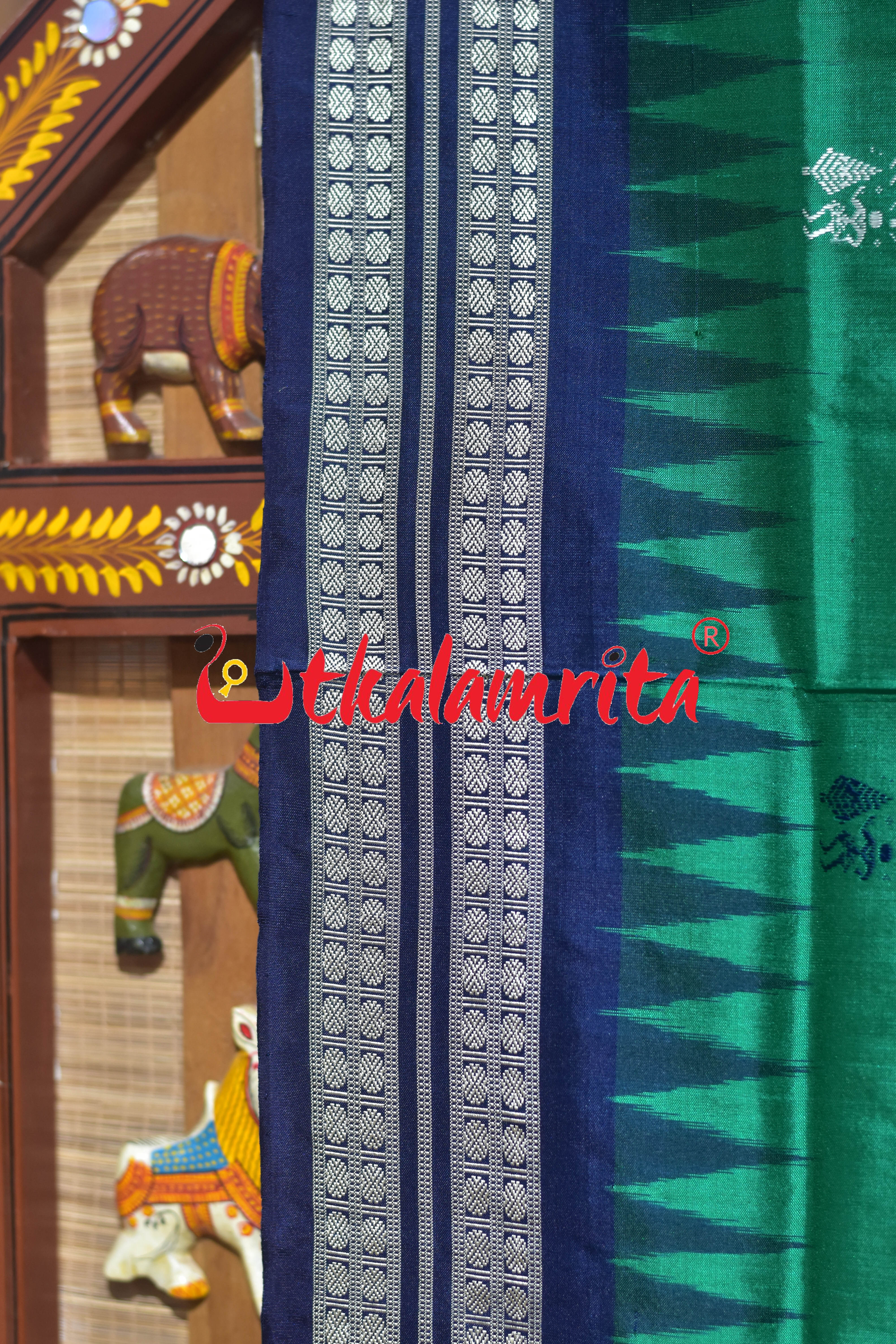 Green Blue Tribal Theme Bomkai Silk Saree