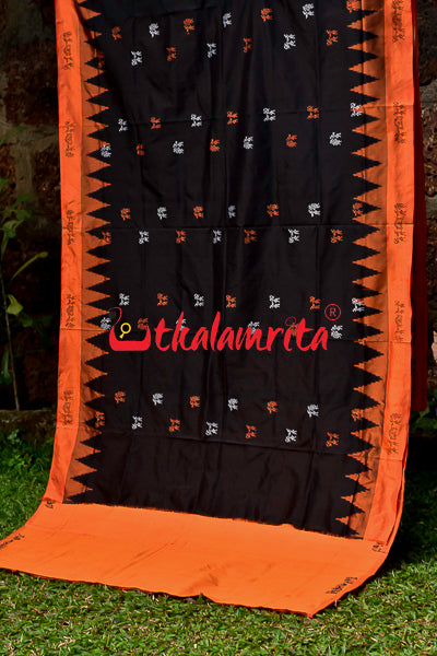 Black Orange Tribal Bomkai Silk Saree