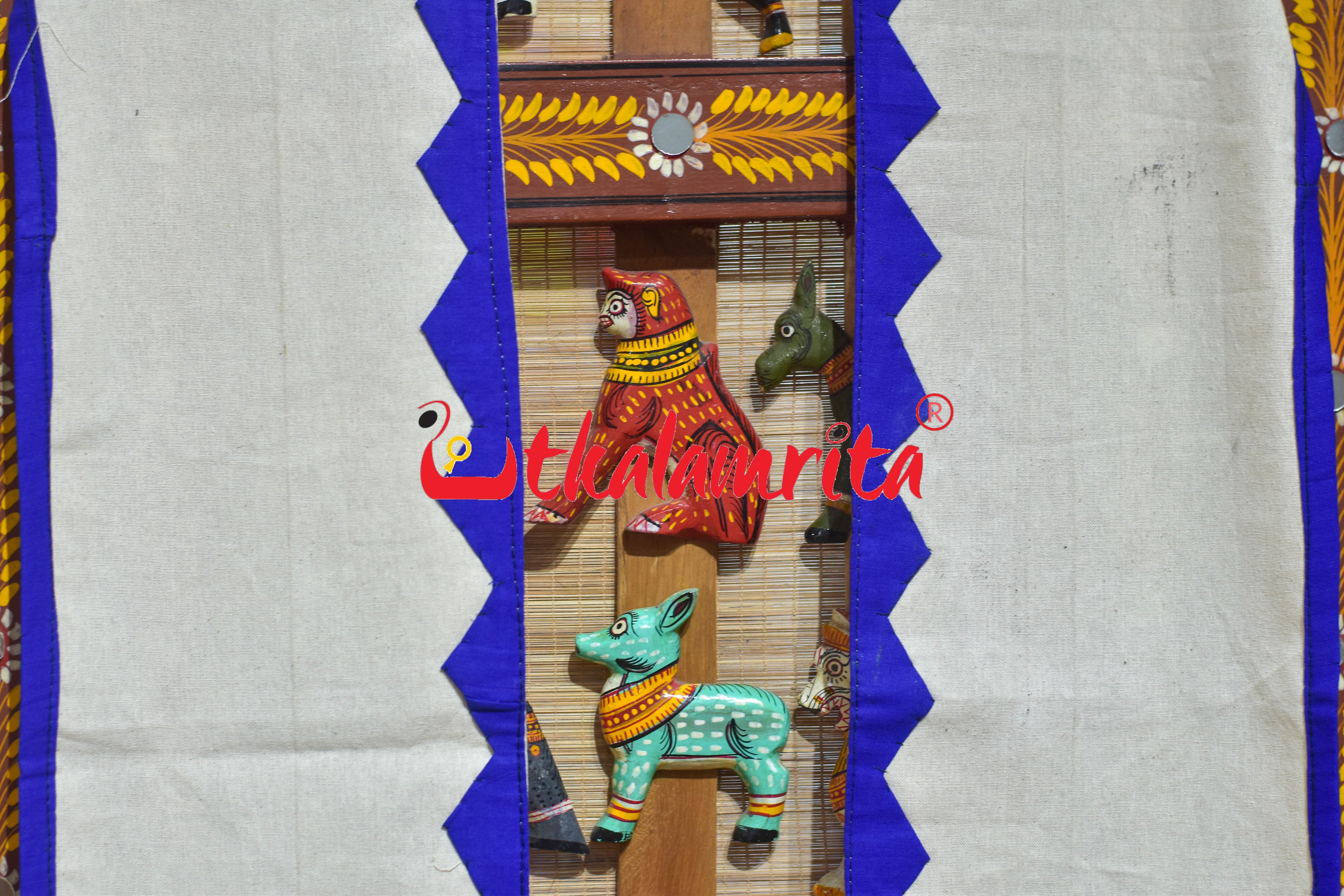 White Blue Elephant Pipli Applique Uttariya