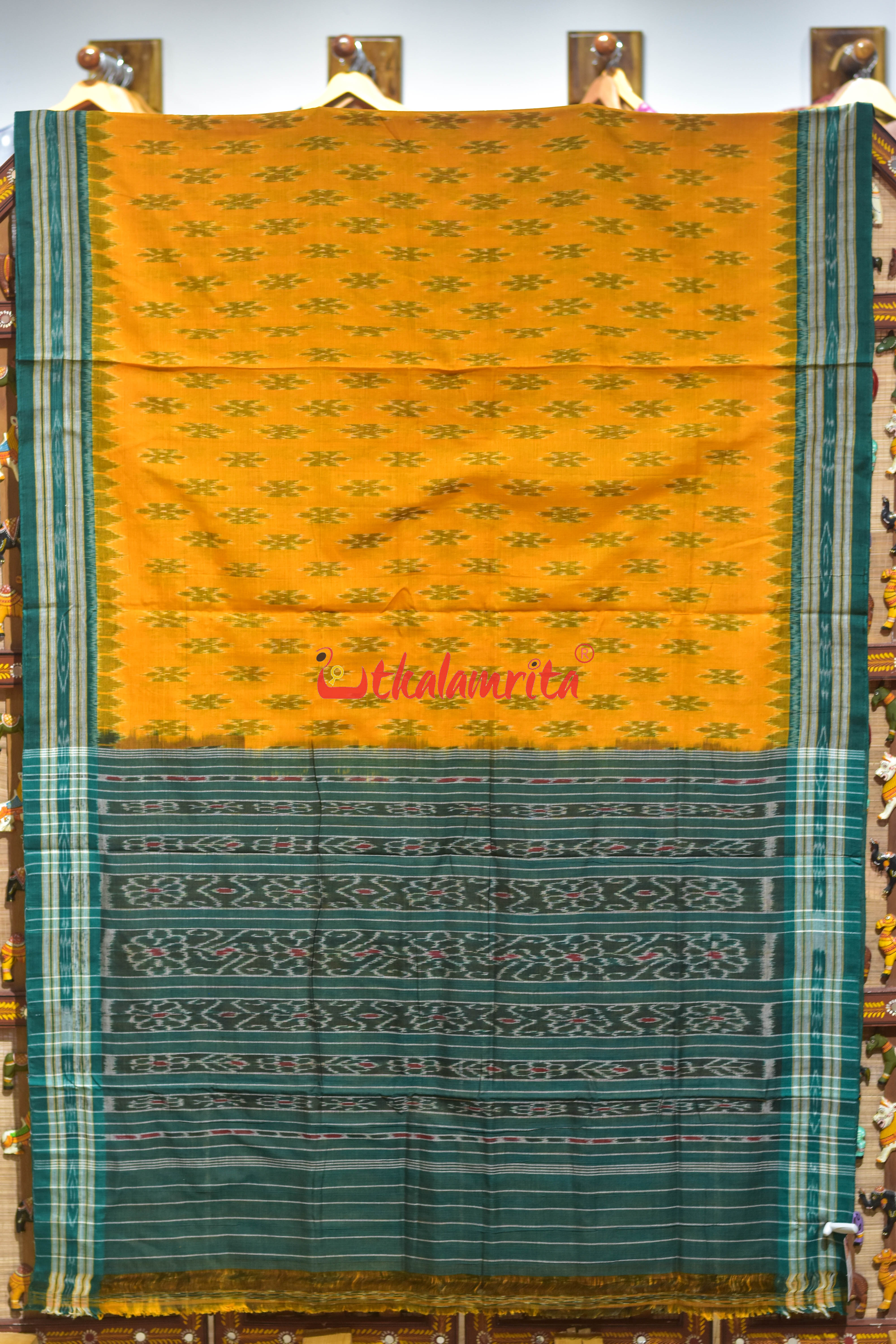 Mustard with Green Body Bandha Khandua Cotton Saree