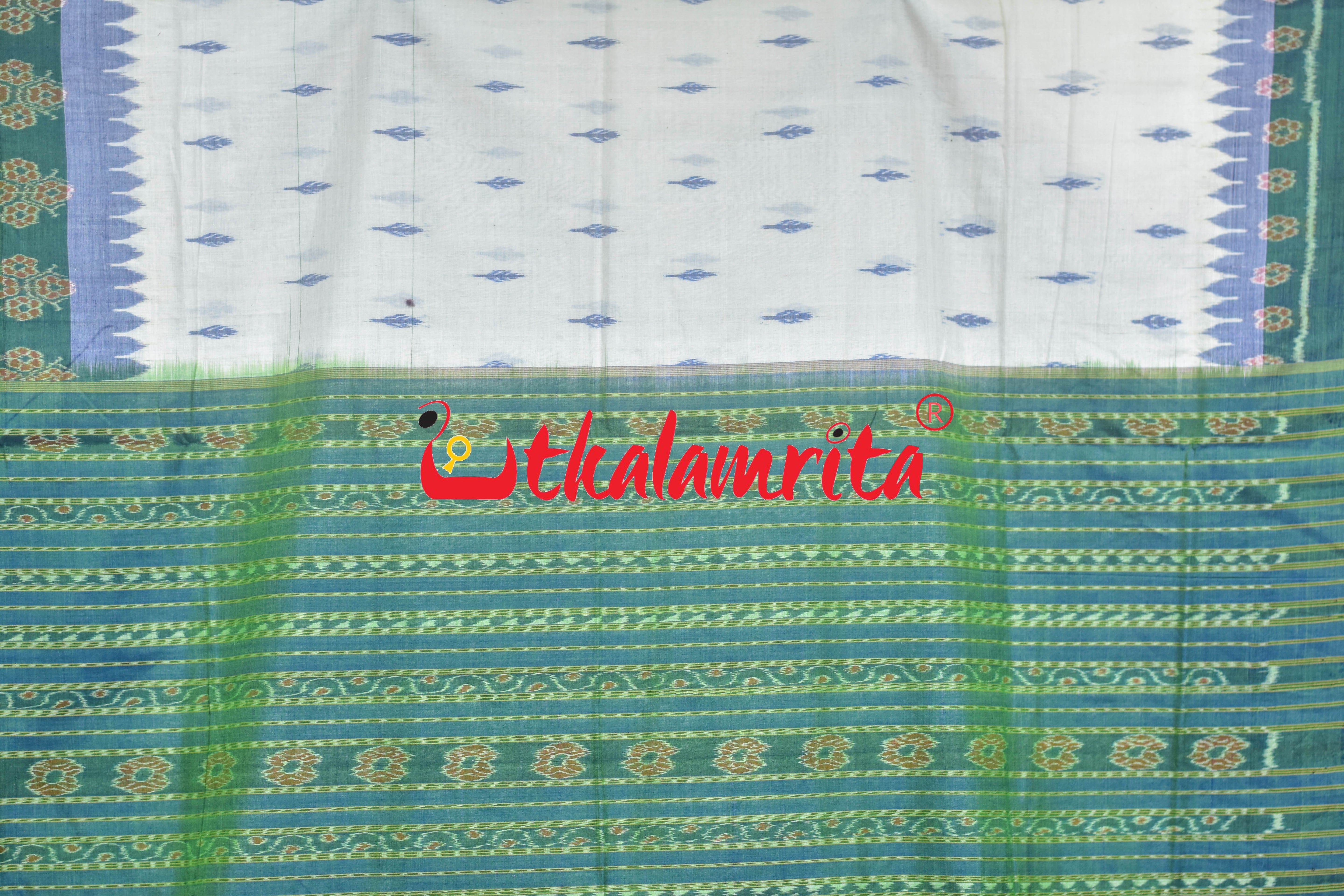 Blue Ferns over White Sambalpuri Cotton Saree