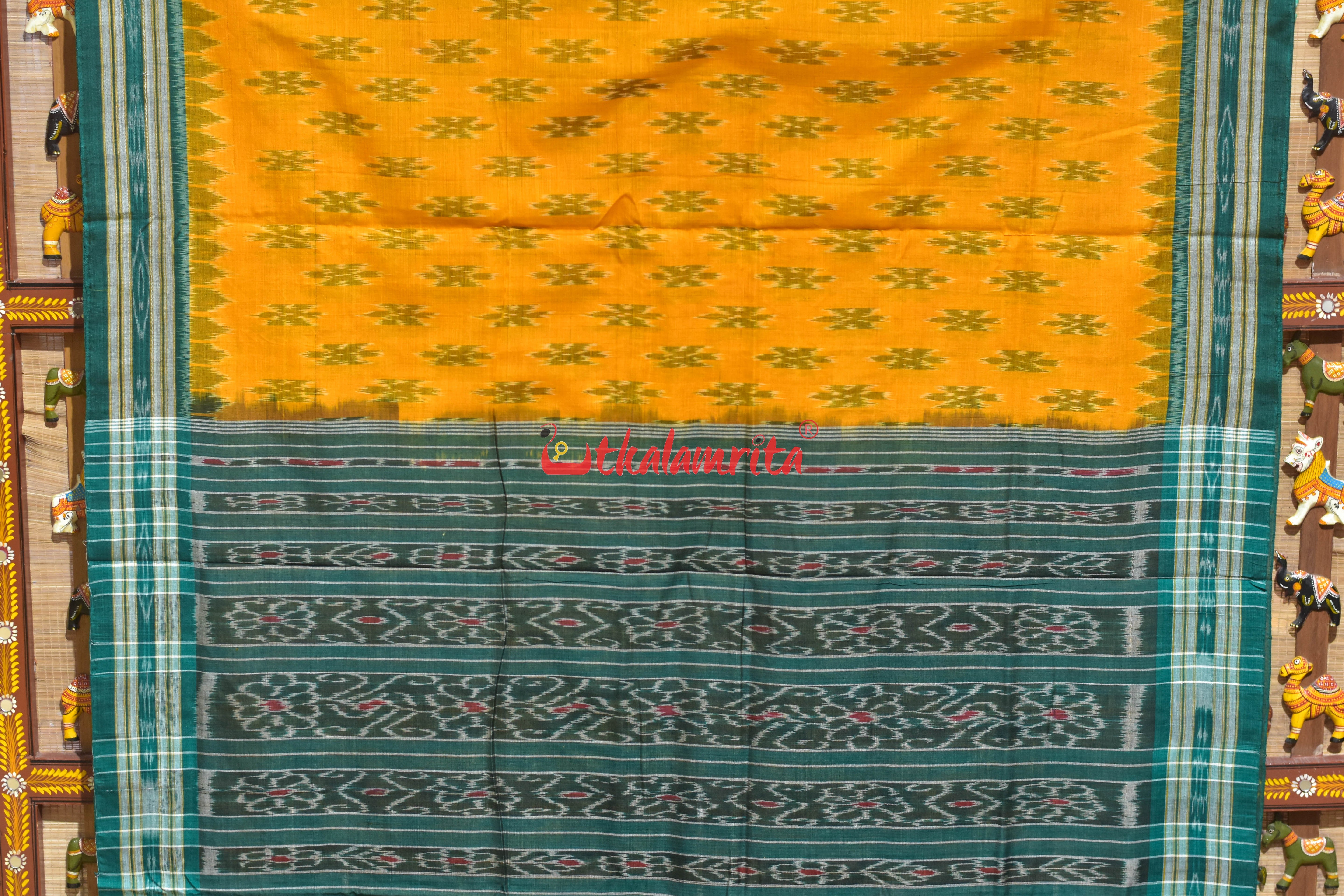 Mustard with Green Body Bandha Khandua Cotton Saree