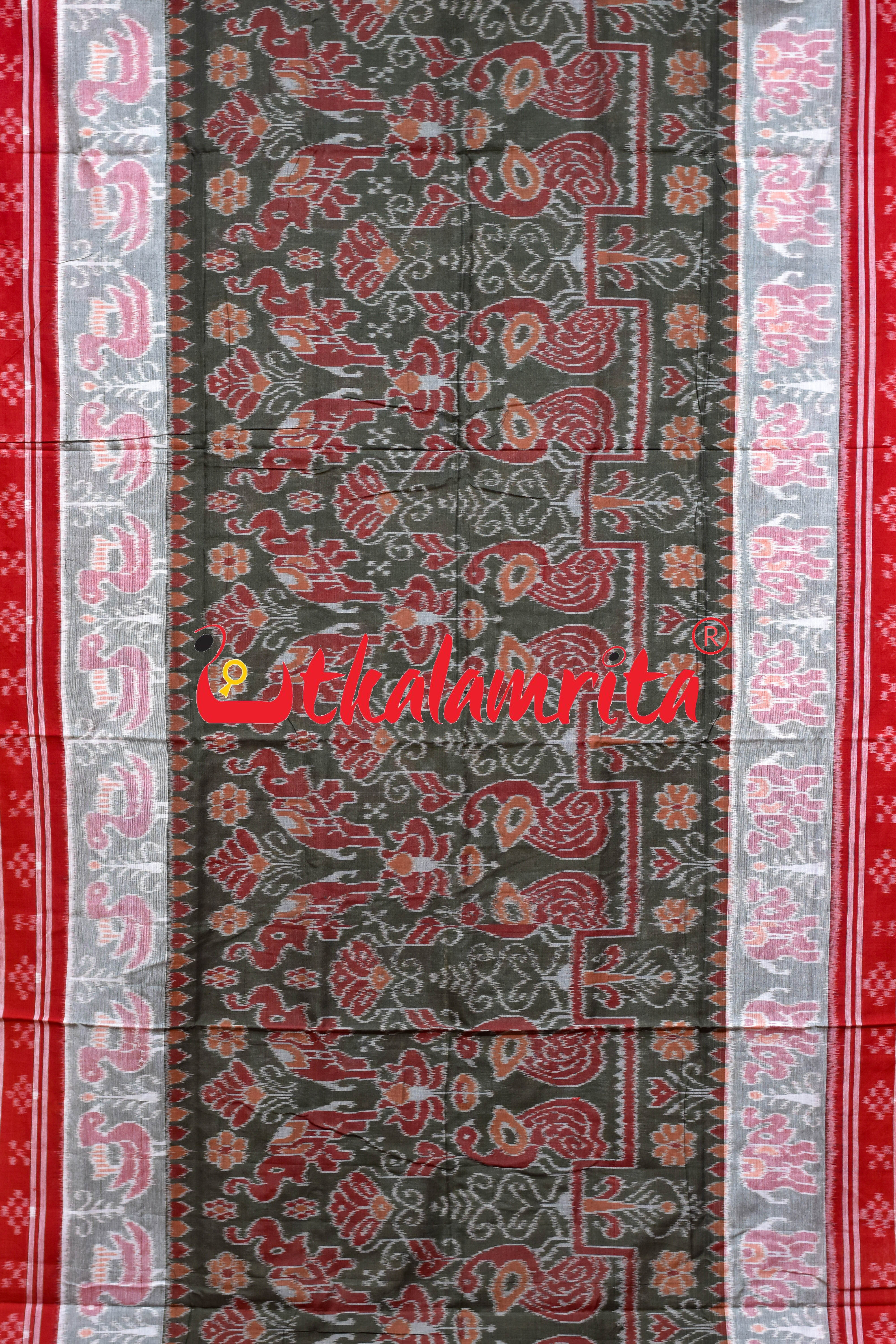 Olive Body Animal Double Border Khandua Cotton Saree