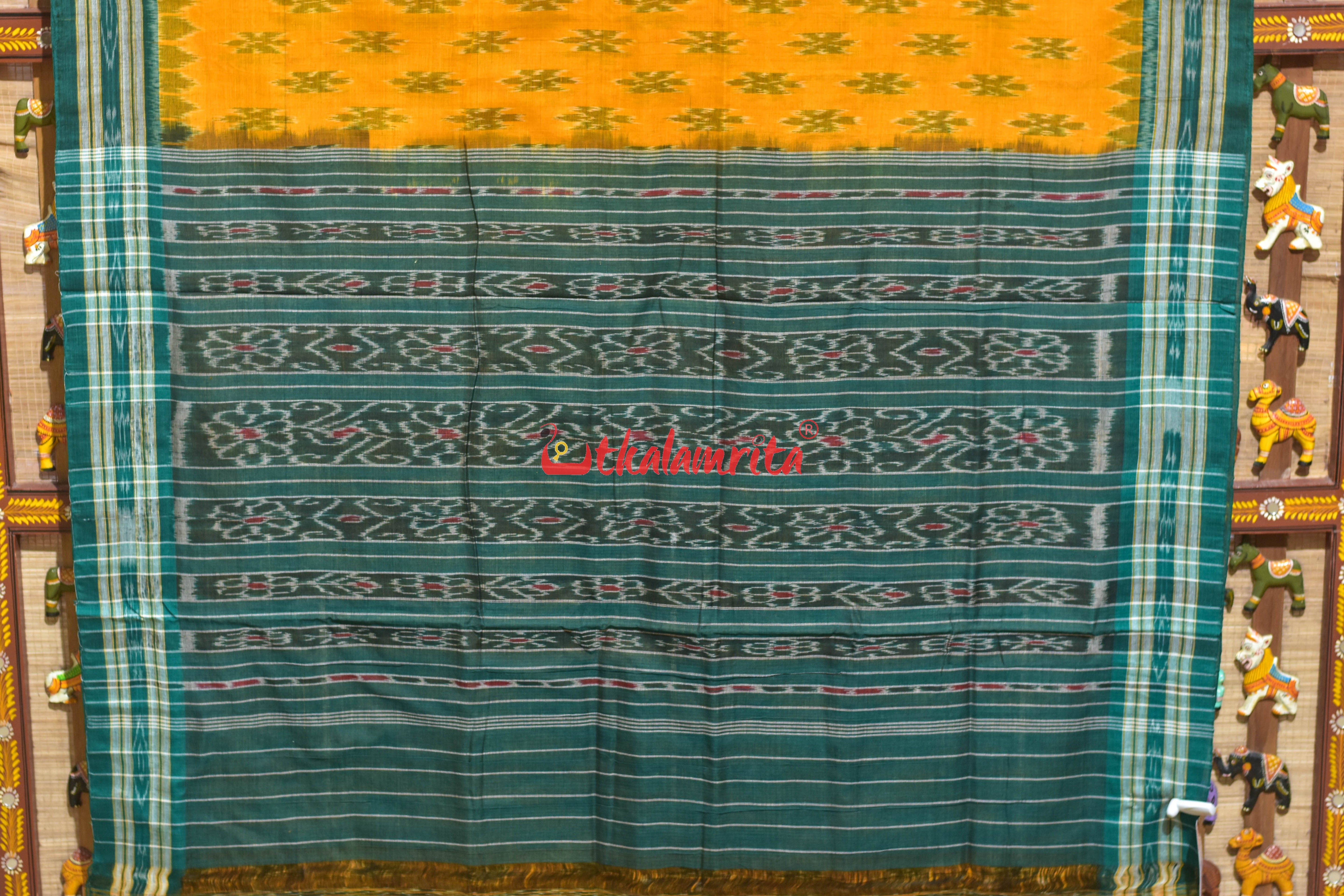 Mustard with Green Body Bandha Khandua Cotton Saree