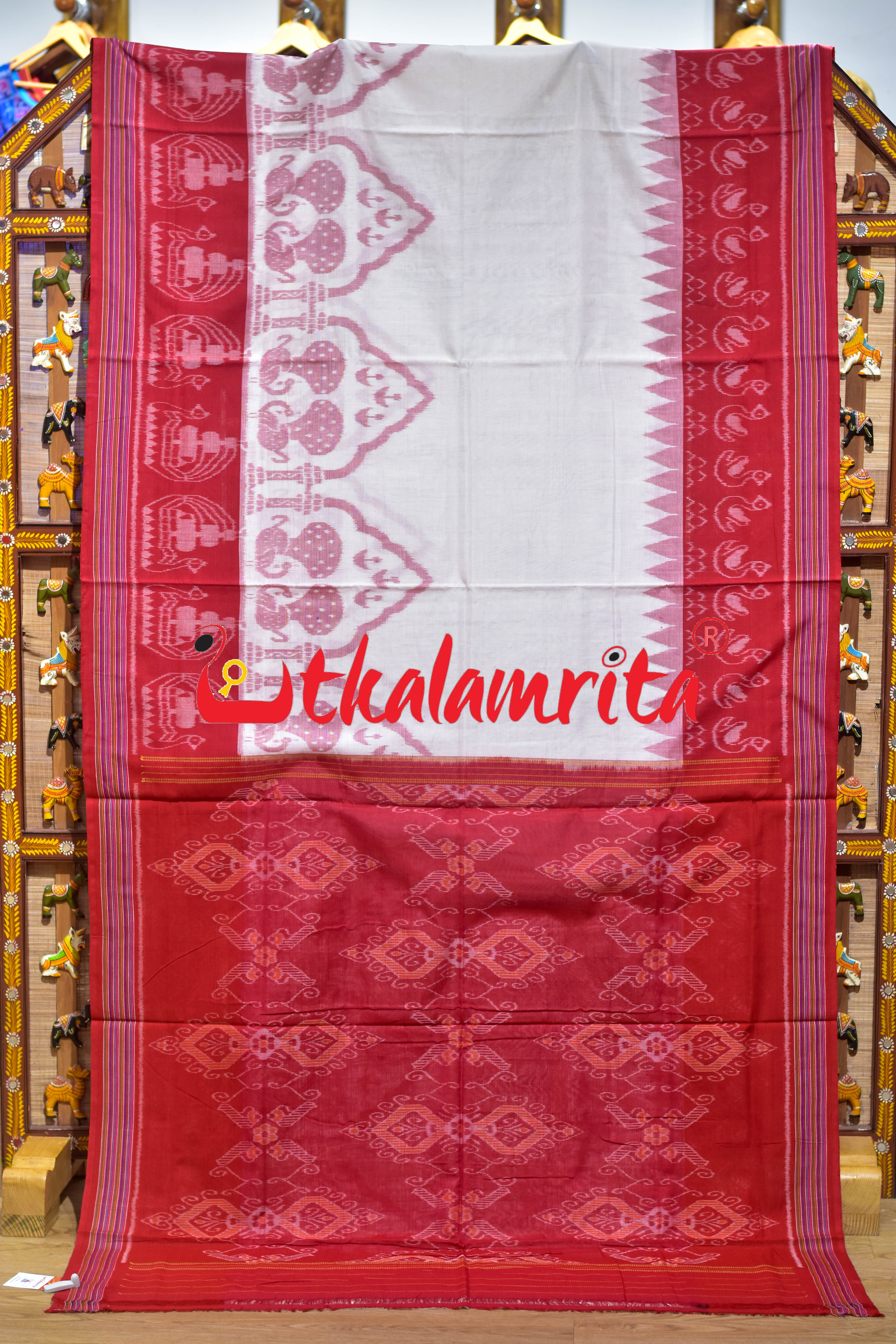 White Red Traditional Design Khandua Cotton Saree