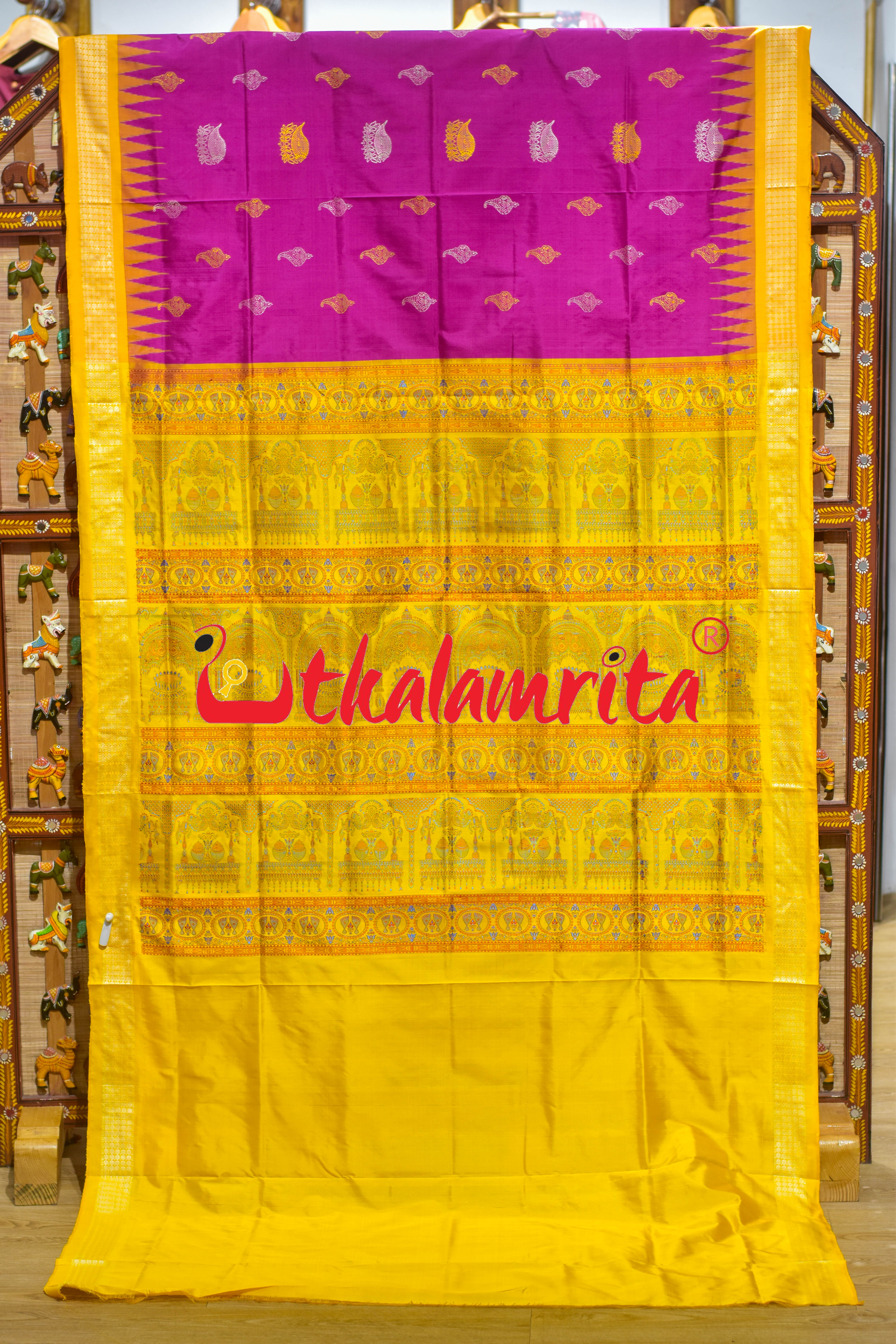 Rani Yellow Sankha Phula Bomkai Silk Saree