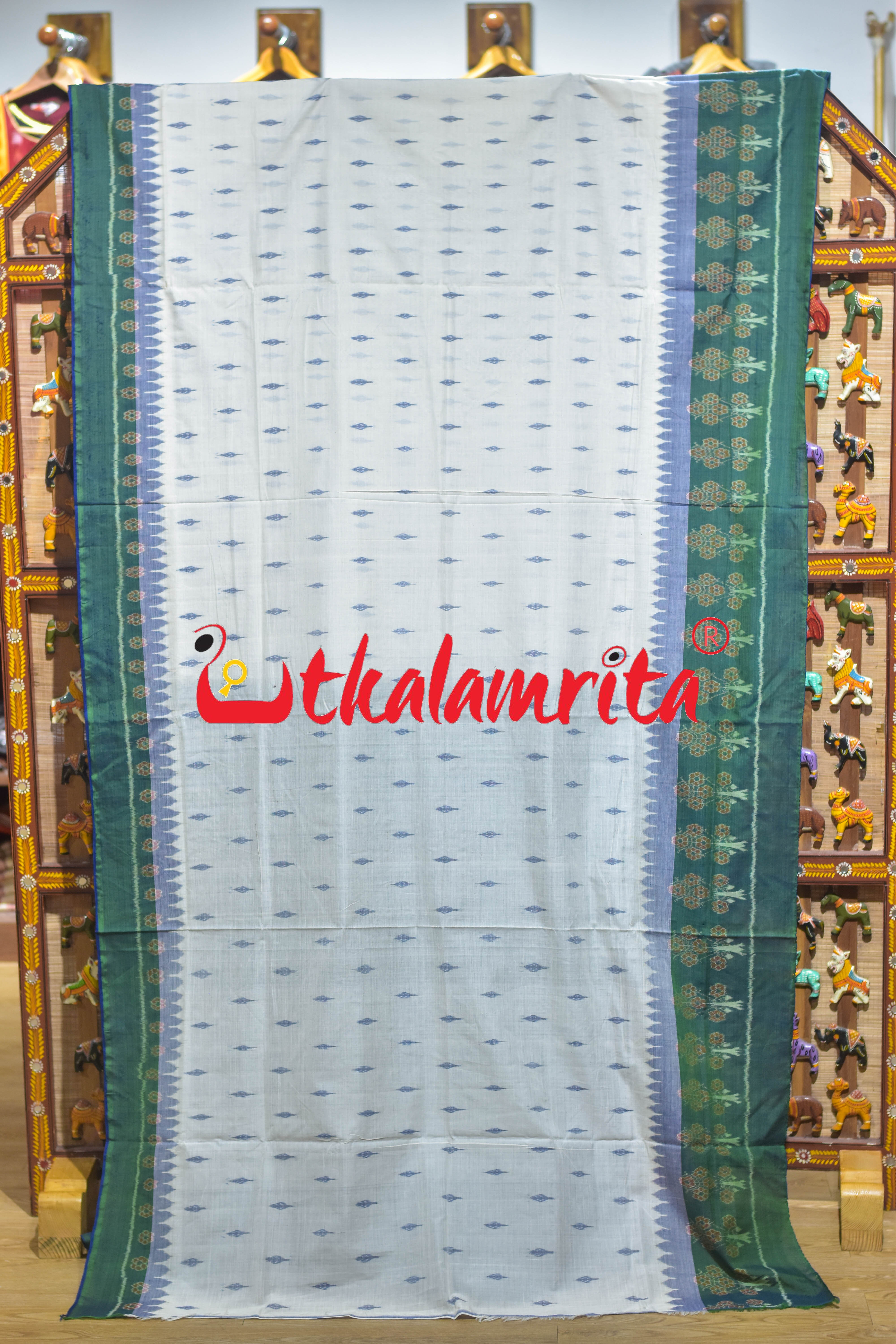 Blue Ferns over White Sambalpuri Cotton Saree