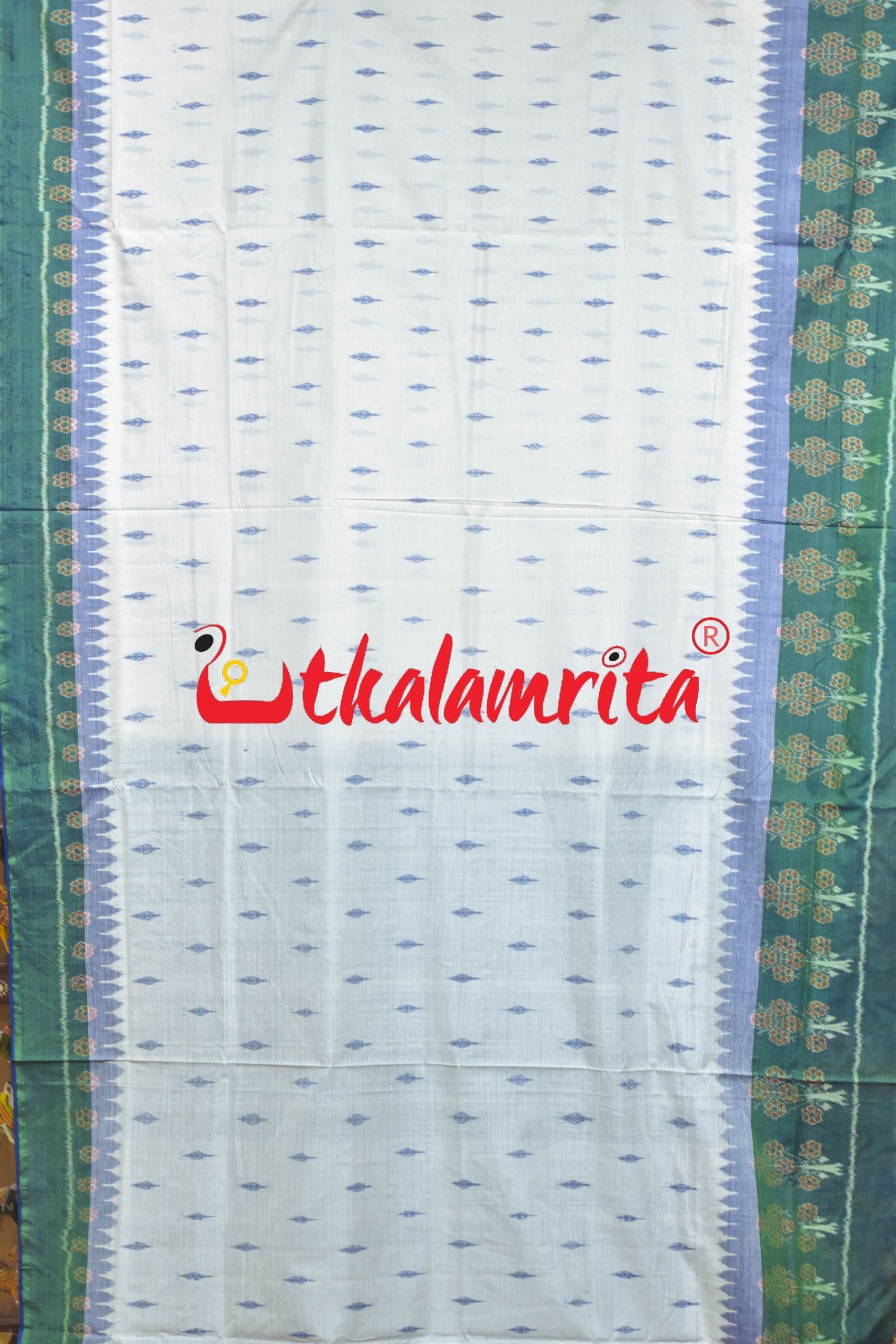 Blue Ferns over White Sambalpuri Cotton Saree